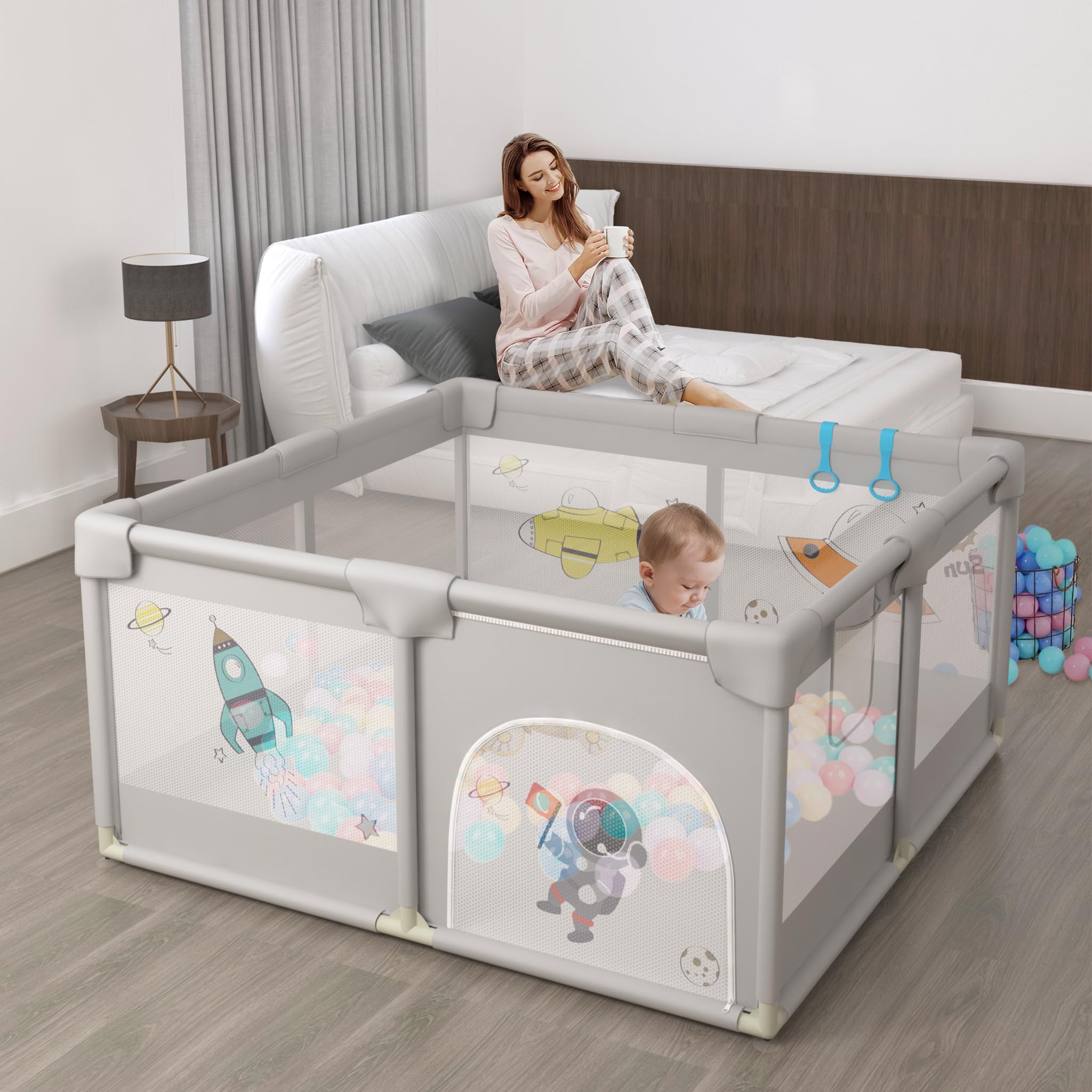UISEBRT Laufstall Baby 127x127cmLaufgitter für Baby mit 50 Ocean Bällen & 4 Zugringen & Tragetasche, Faltbar Laufgitterzelt mit Atmungsaktivem Netz für Kinder, Grau mit Astronautenmotiven