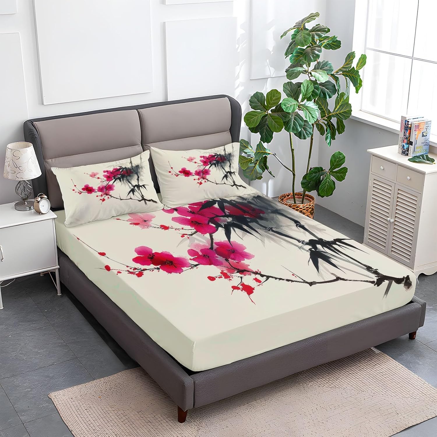 Bettlaken Pflaumenblüte Spannbettlaken 180x200cm Chinesisches Thema für Boxspringbett Weiche Mikrofaser Spannbetttuch 3D Spannbetttücher mit 2 Kissenbezug für Kinder Erwachsene XCW4571