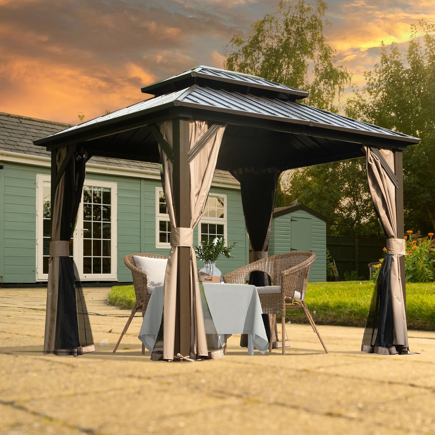 Detailed dimensions of the Domi Gazebo, showing height, width, and roof measurements.