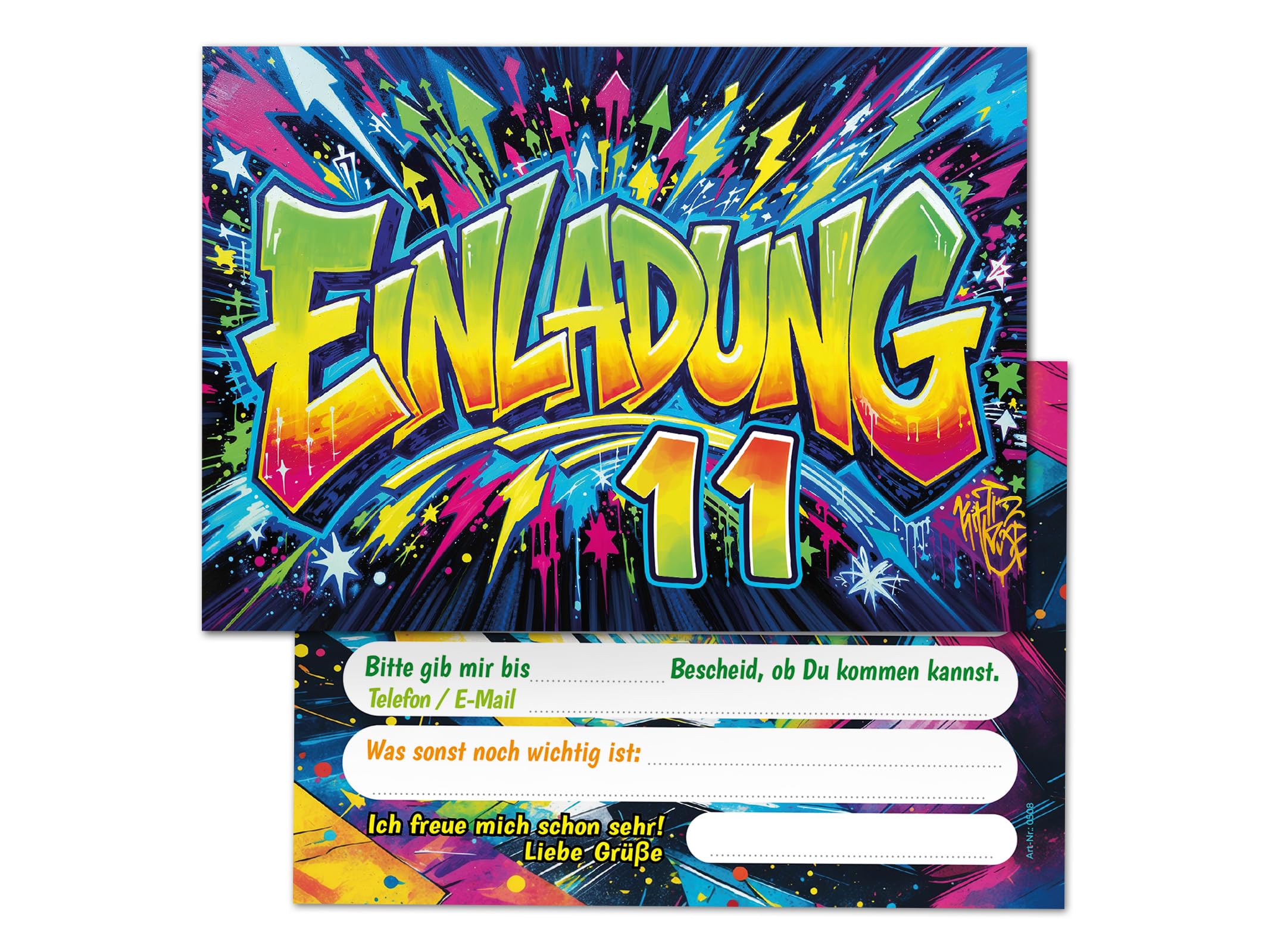 Junaversum 8 Einladungskarten zum 11. Kindergeburtstag Kinder Junge Mädchen Graffiti coole bunte Einladungen elfte Geburtstag Geburtstagseinladungen Kids