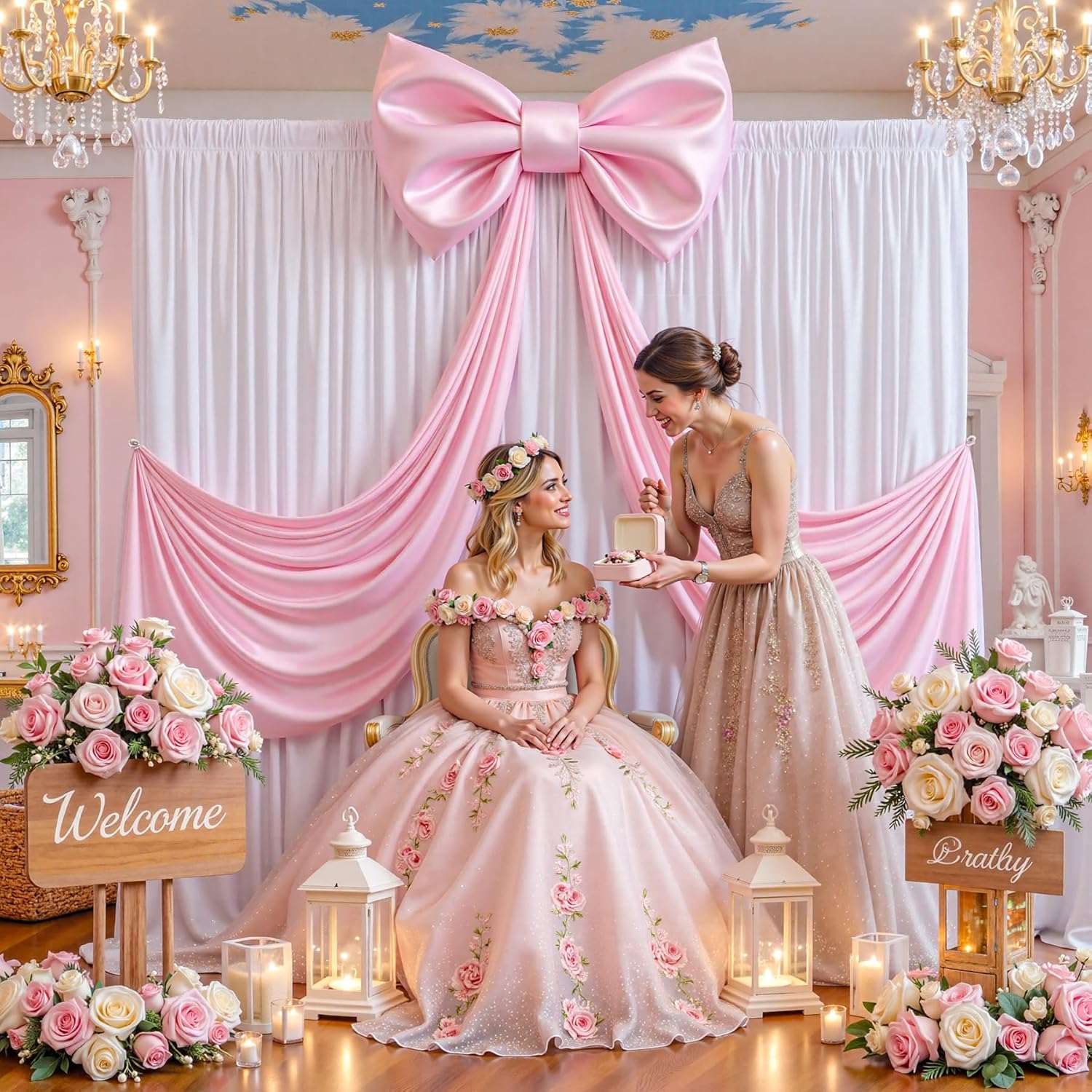 Giant Pink Bow for Backdrop 80x24 Inches Large Satin Ribbon Bow Wall Decor for Wedding Birthday Baby Shower Party Photo Booth, Washable Reusable Big Bow for Nursery Bedroom Door Hanging Decoration