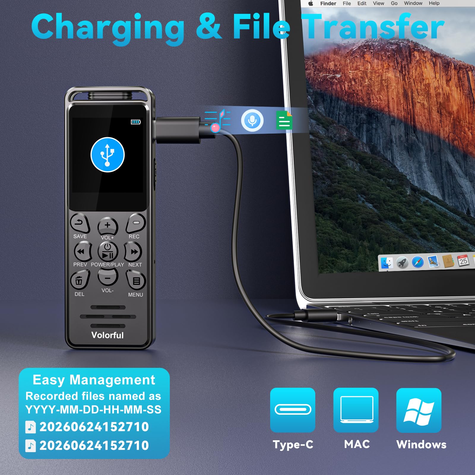 80GB Diktiergerät Digital 70 Std Aufnahmegerät, Volorful 1,44" Farbbildschirm Voice Audio Recorder, MP3 Player, USB-C Diktiergeräte mit Spracherkennung/Wiedergabe für Meeting Interview Vortrag