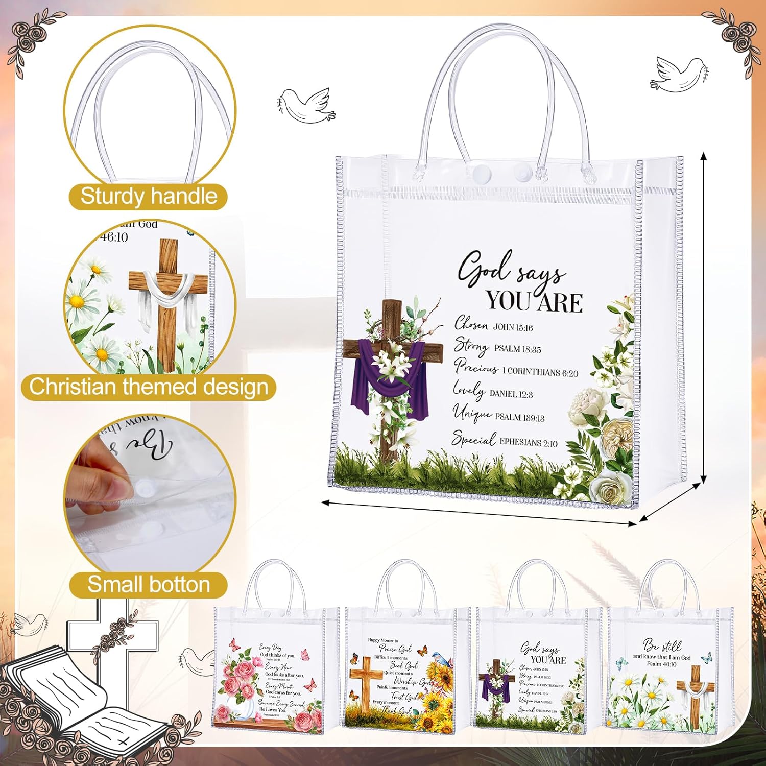 Amylove 36 Pcs Clear Mother's Day Christian Gift Bags Bulk Women Scripture Bags with Handle Bible Verse Flower Cross Themed Christian Faith Totes for Mother's Day Women Church Party Supplies Decor