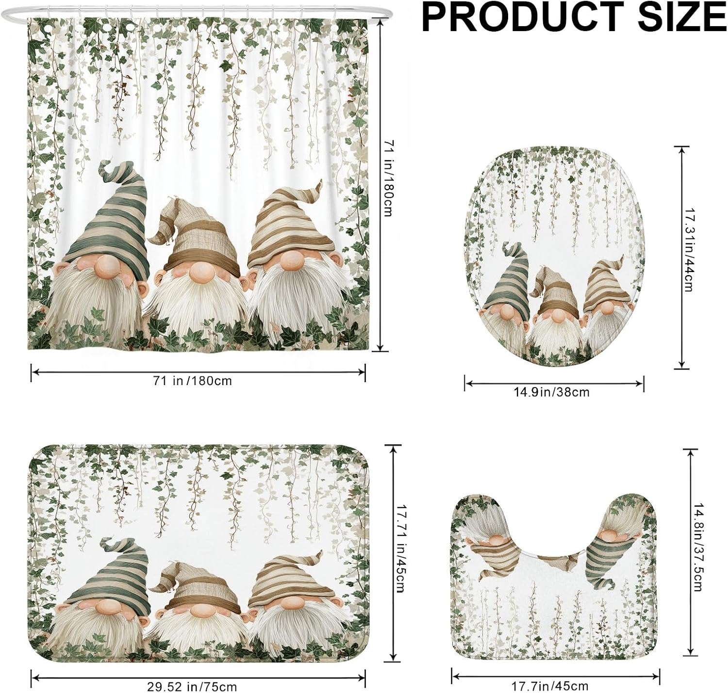 4Pcs Gnome Shower Curtain Set, Green Beige Cute Gnome Bath Mat Rugs Accessories for Bathroom Decor, Spring Modern White Waterproof Fabric Shower Curtain Set with Hooks 72x72 Inch