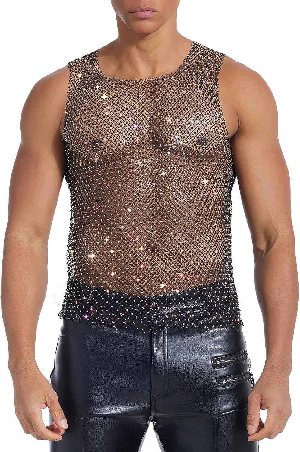 Mens Rhinestone Shirt Sparkly Mesh Black Top, Black Rave Tank Tops for Men Festival Party and Clubwear