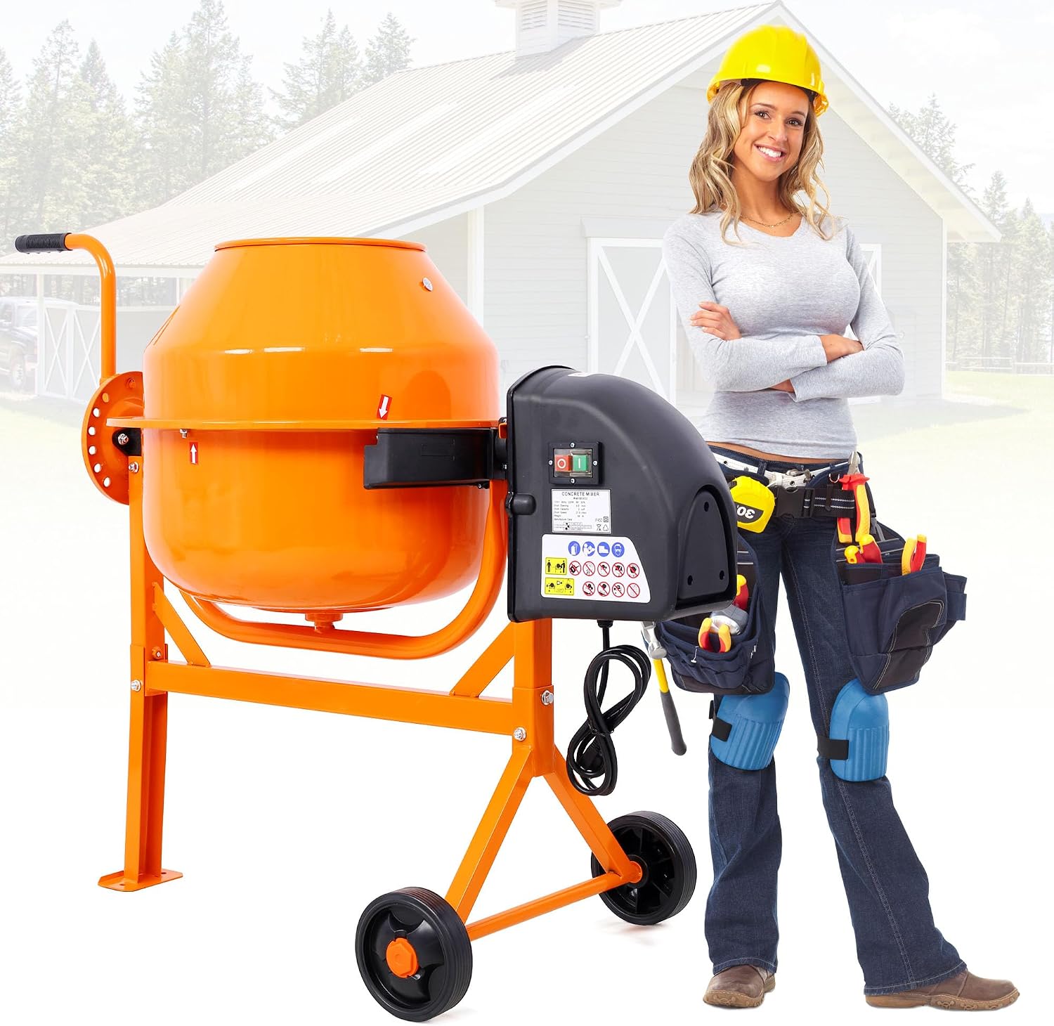3.0 Cu. Ft Electric Cement Mixer, 220W 1/3 HP Portable Concrete Mixer with Wheels and Stand, Heavy Concrete Mud Mixer Tools, Adjustable Tilt for Mortar Stucco Seeds and Fodder, Orange