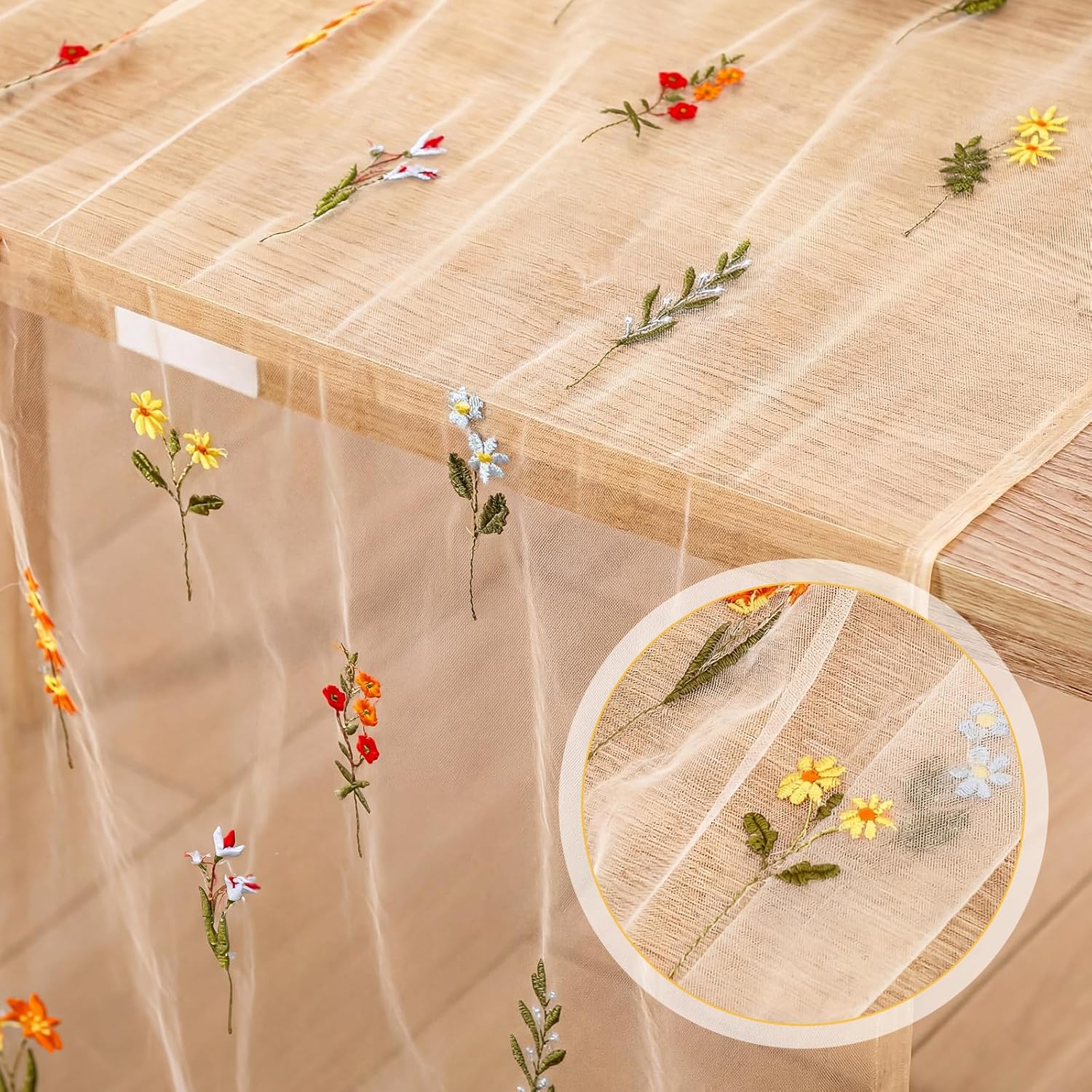 Boao 3 Pcs Wildflower Table Runner Embroidery Tulle Spring Summer Table Runner 120 Inch 10 ft Kitchen Dining Decoration for Wedding Baby Shower Bridal Shower Home Decor Birthday Party (Champagne)