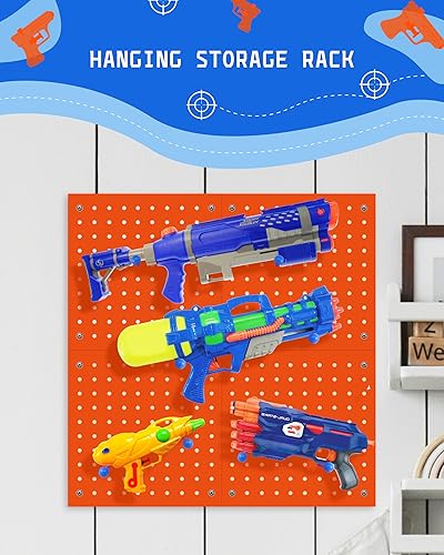 Miniatura 3 de Skywin Tablero de clavijas de madera para organizador de almacenamiento de pistolas Nerf de 13 x 13 x 0.31 pulgadas con soporte colgante de malla