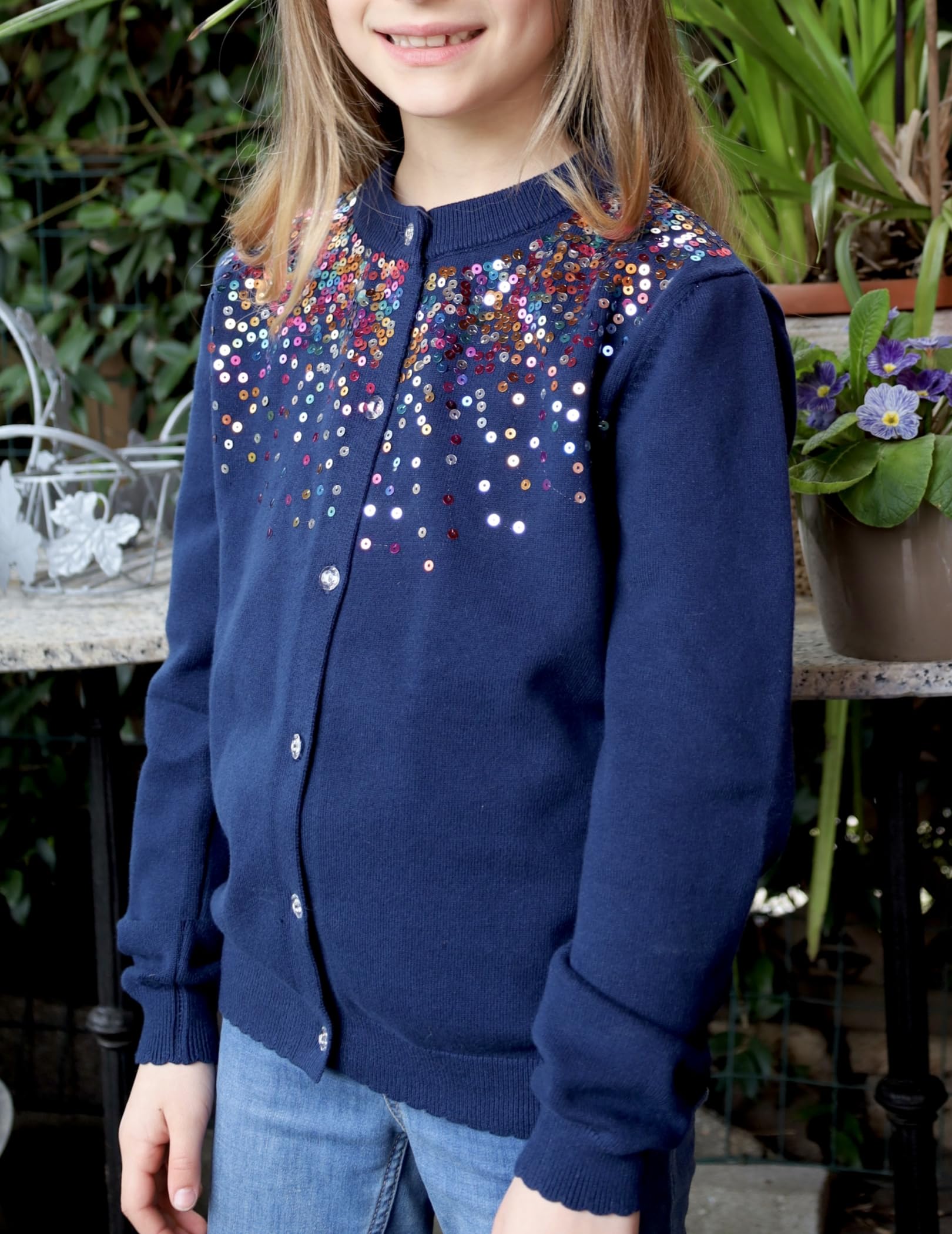 Rolanko Gilets pour Filles, Cardigans Scolaires de Base en Coton à Manches Longues et à Boutons, Pulls en Tricot à Col Roulé