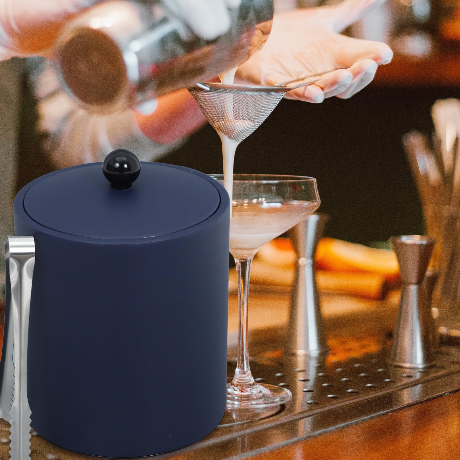 CLISPEED Seau à Glace Isotherme Acier Inoxydable Rond avec Couvercle et Pelle pour Bar Fêtes et Hôtels Bleu Unité