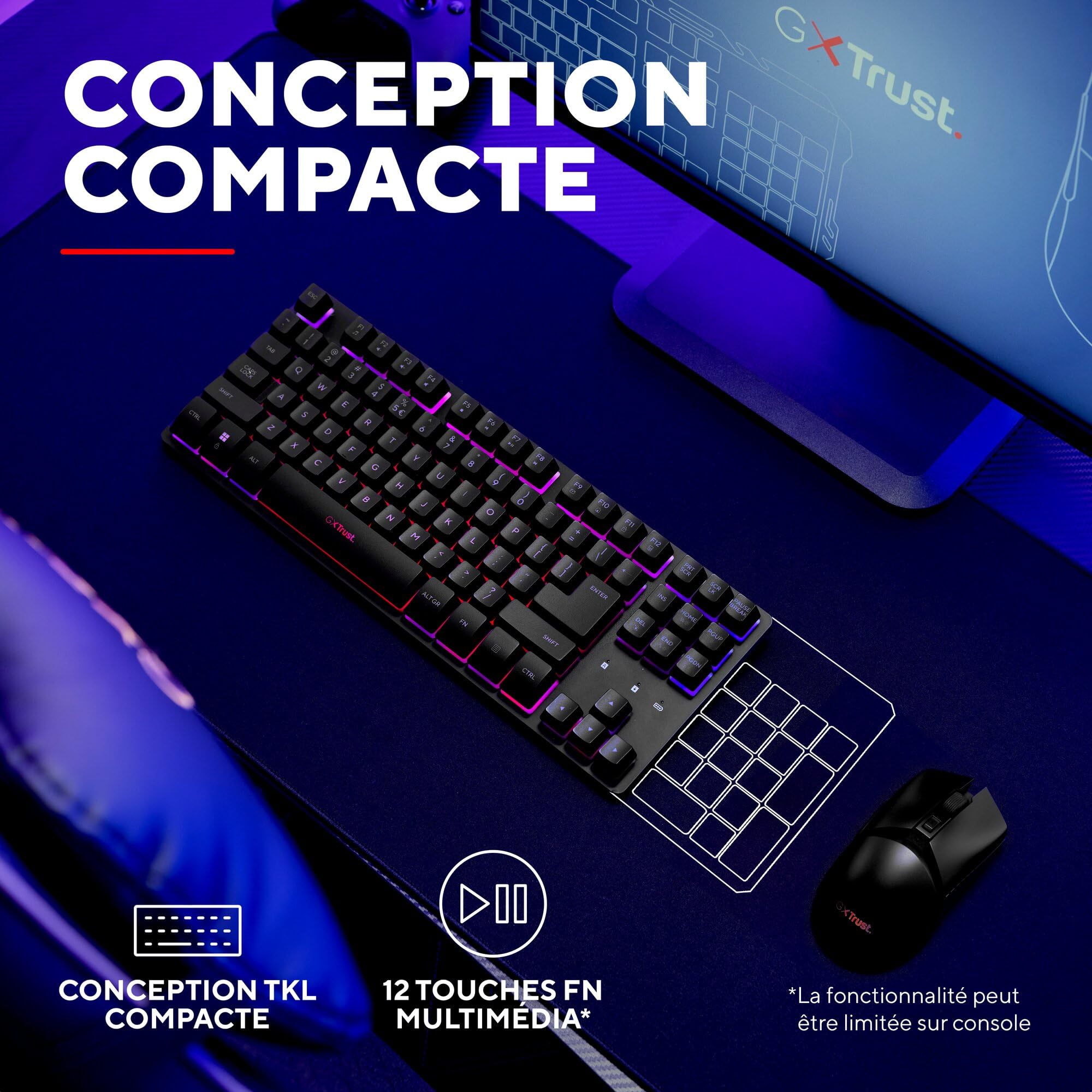 GXTrust Dothix Clavier sans Fil TKL 80%, Layout AZERTY Français, Noir | Éclairage RGB LED, Clavier Gamer Rechargeable 2.4GHz, Batterie 420 Heures pour Windows, Mac, PC, Ordinateur