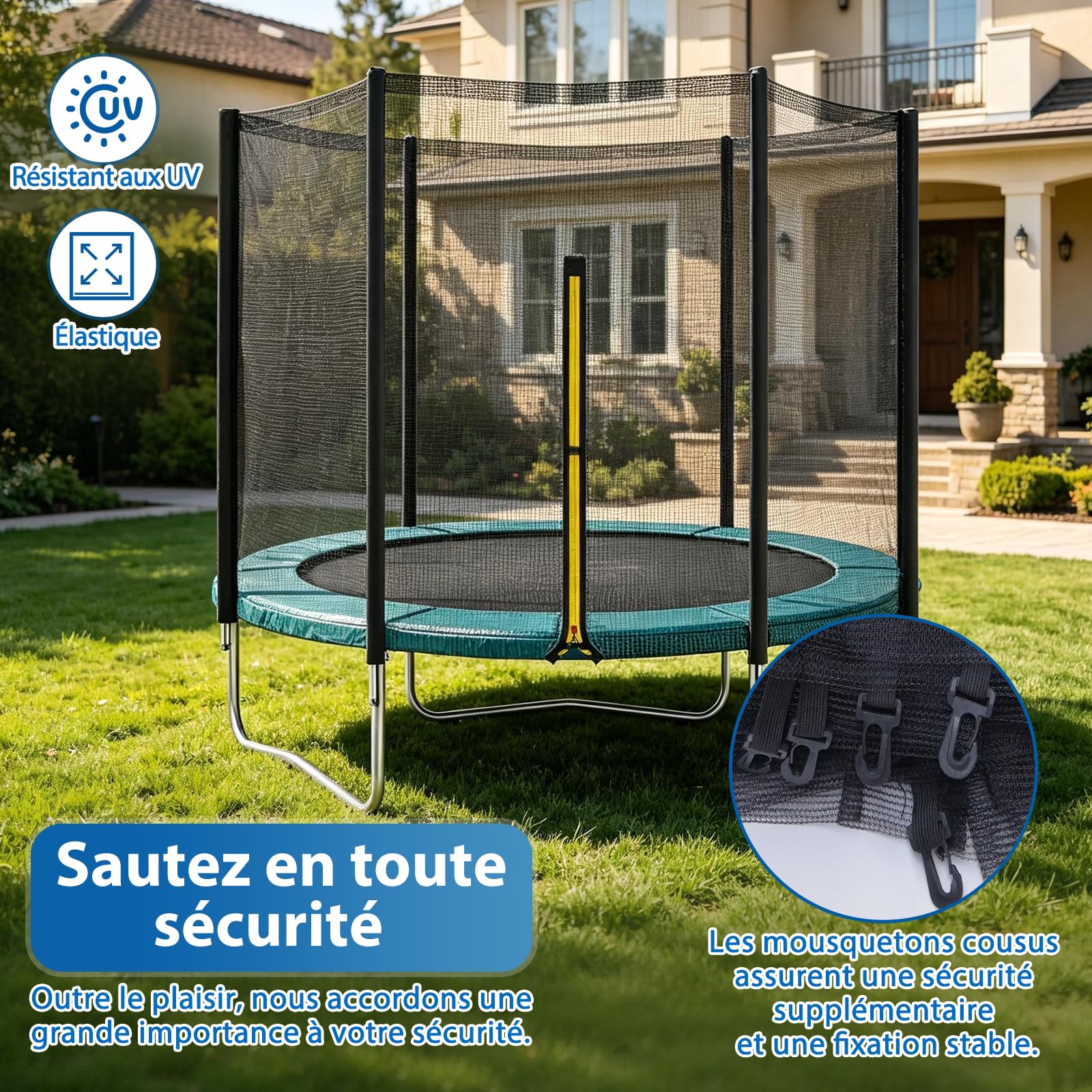 Filet Trampoline 305 cm (10FT) à 6 Barres, Filet de Sécurité Extérieur, Protection Trampoline Anti-UV et Anti-Déchirure, pour Accessoires Trampoline Extérieur