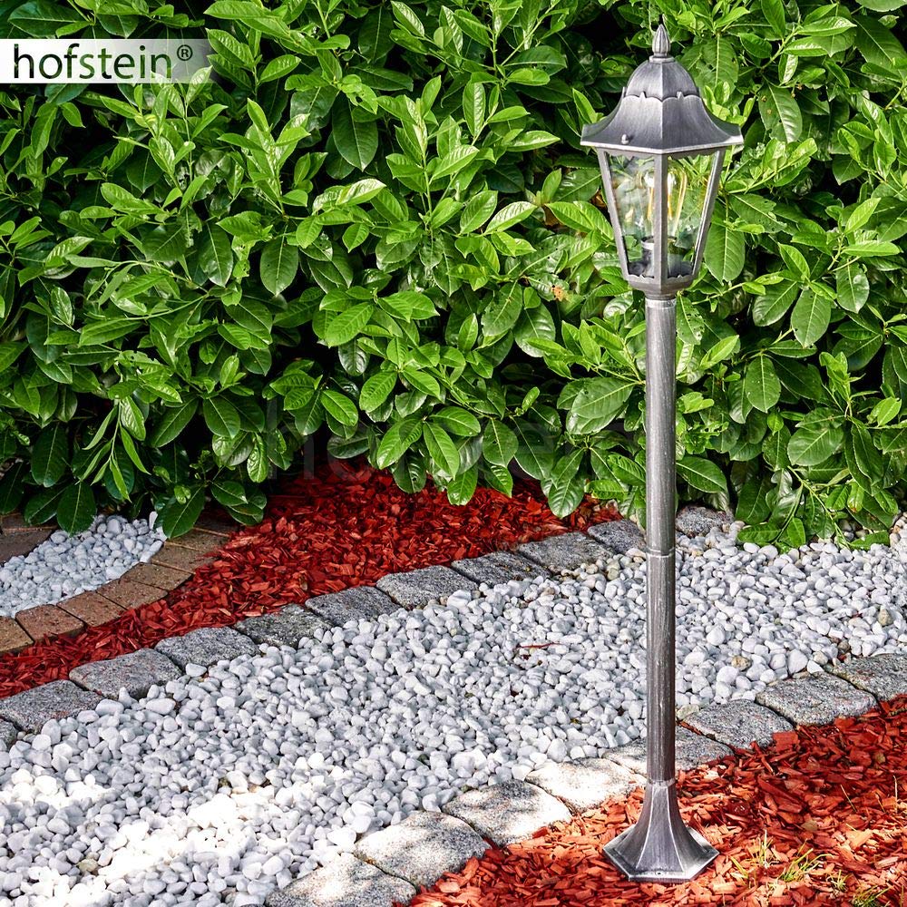 HOFSTEIN Außenstehleuchte Lignac, Außenwegeleuchte aus Metall/Glas in Schwarz/Silber/Klar, Wegeleuchte im Antik/Retro/Vintage-Design für Garten, Außenbereich, Hof, 118 cm, E27, IP44,