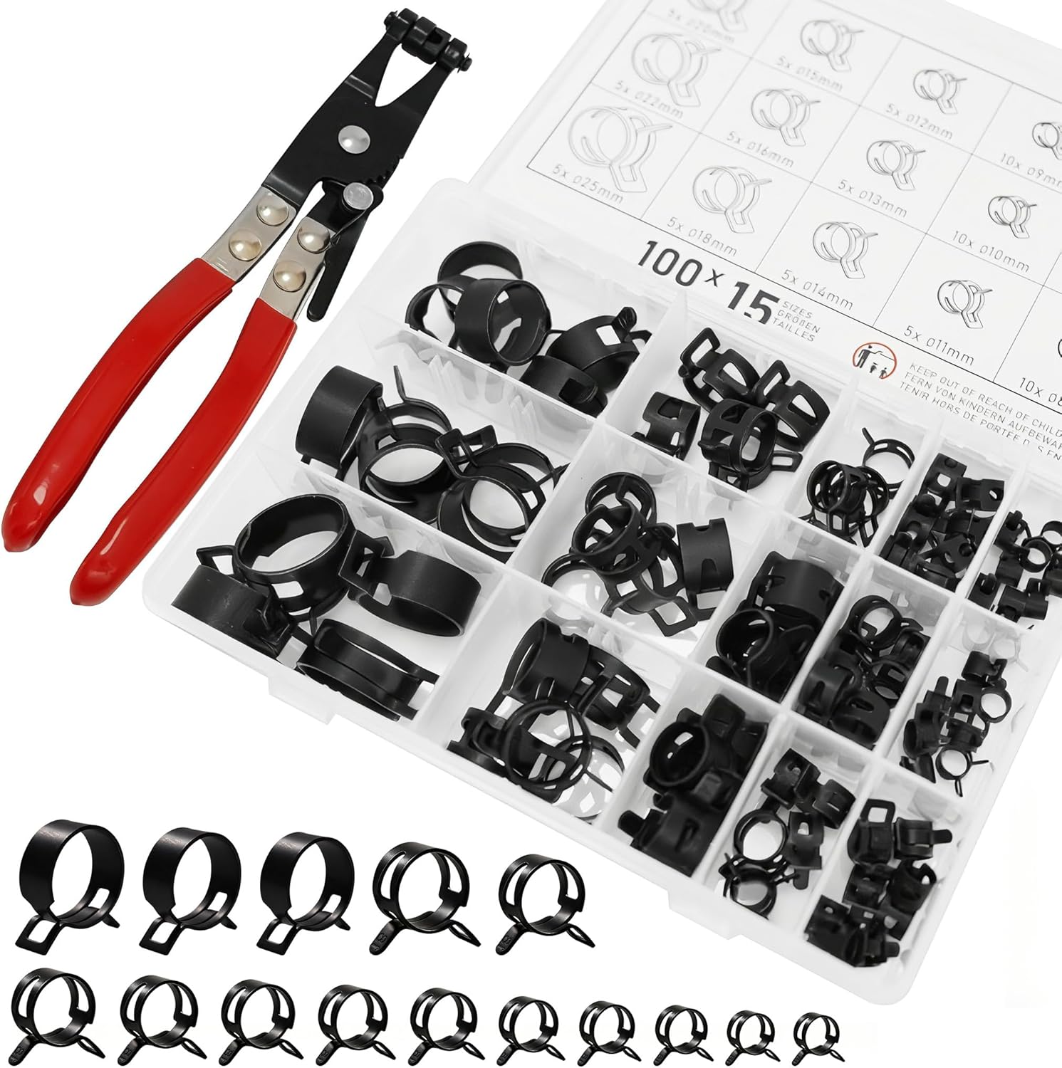 Spring Band Hose Clamp Assortment Kit with Swivel Clamp Pliers Constant Tension Radiator Hose Clamps for Fuel Line Silicone Vacuum Hose Air Tube and Water Pipe (100Pcs Spring Clamps with Plier)