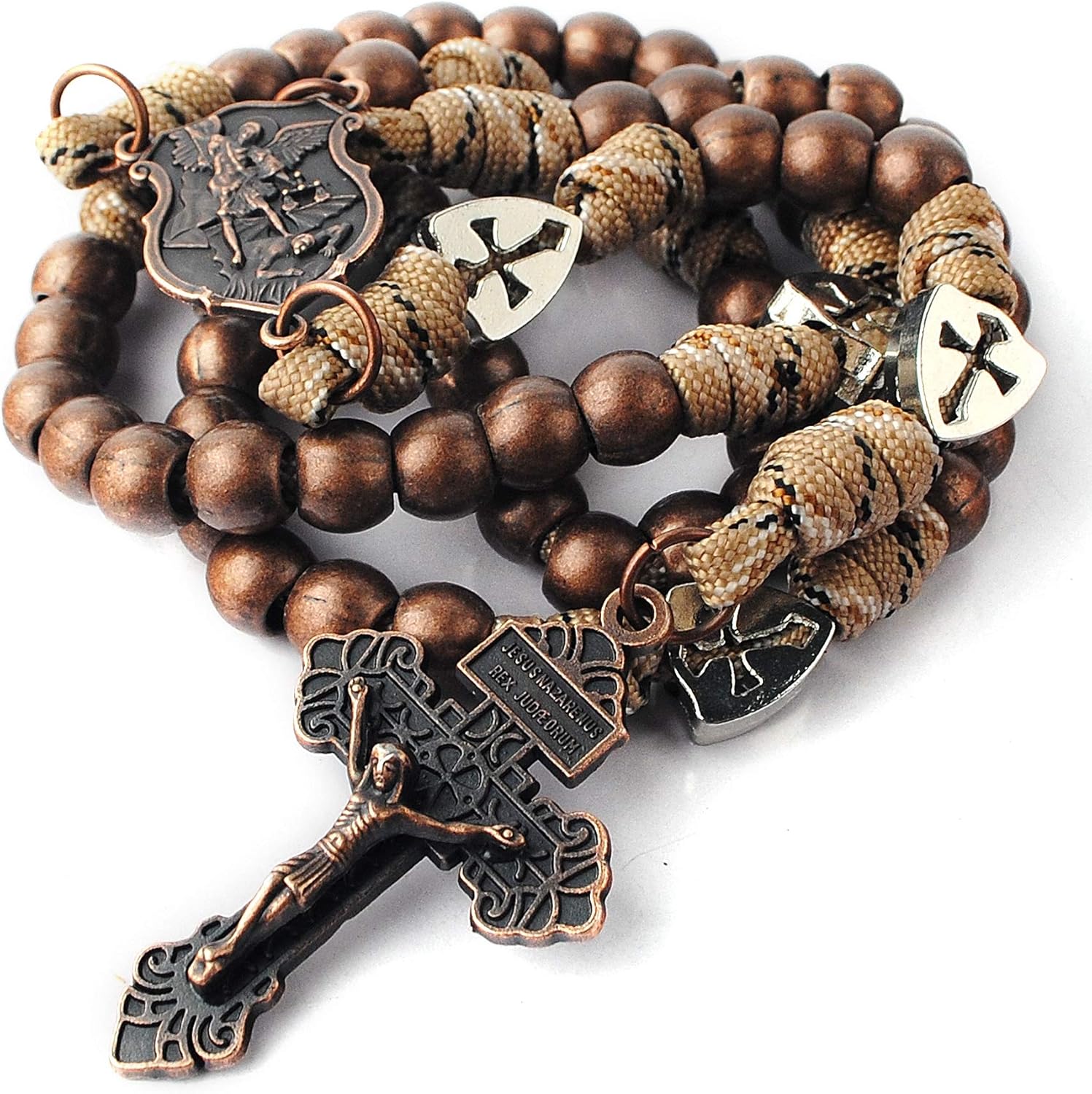 HanlinCC Large and Heavy Antique Bronze Metal Beads Rugged Durable Paracord Rosary Necklace with St.Michael Center Piece and Pardon Crucifix for Men