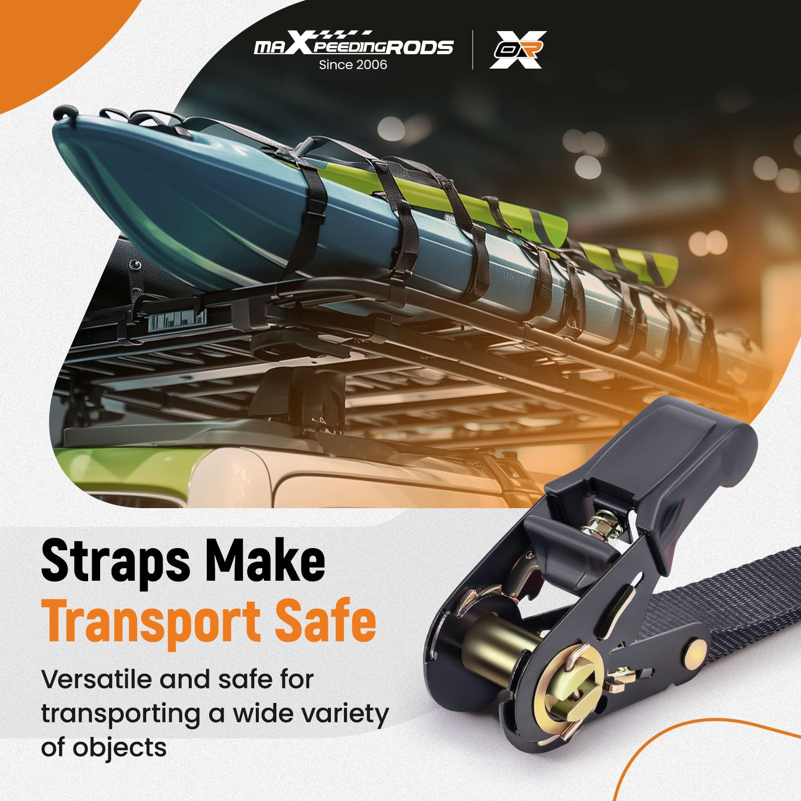 maXpeedingrods 4 x 997kg pasy mocujące z grzechotką 4,5 m EN 12195-2 czarny | pasy mocujące z haczykami, ochrona urządzeń podczas transportu, pas mocujący do motocykla 25 mm, dodatkowa torba do