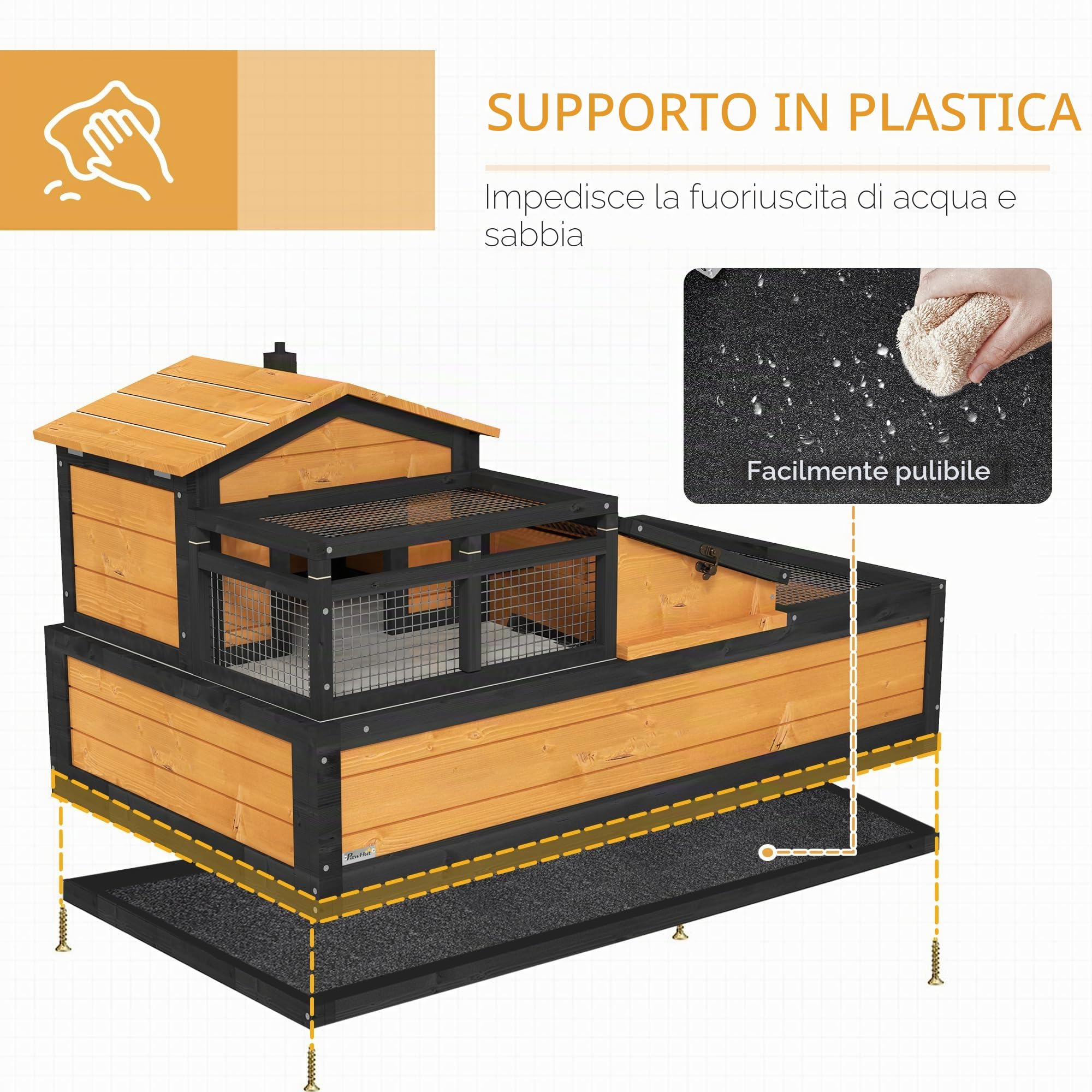 PawHut Casetta per tartarughe in legno, recinto per tartarughe con 2 livelli, case principali, balcone, gabbia per rettili da esterno con tetto apribile, terrario per tartarughe, rettili, giallo