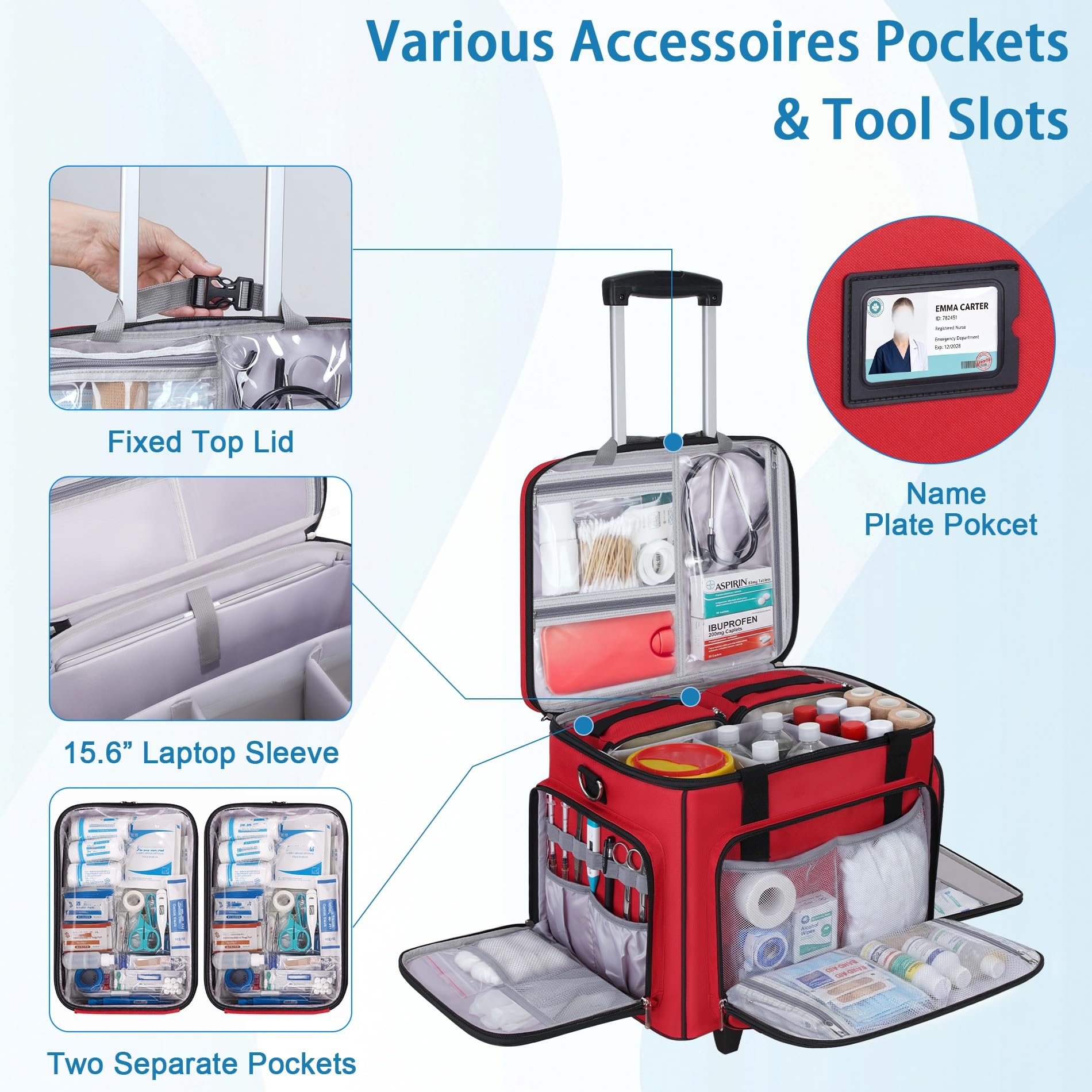 Borsa medica arrotolabile con carrello staccabile, borsa da infermiera con divisori rimovibili e sacchetti di stoccaggio, borsa per primo soccorso vuota per infermieri, medici, ambulatori, rossa
