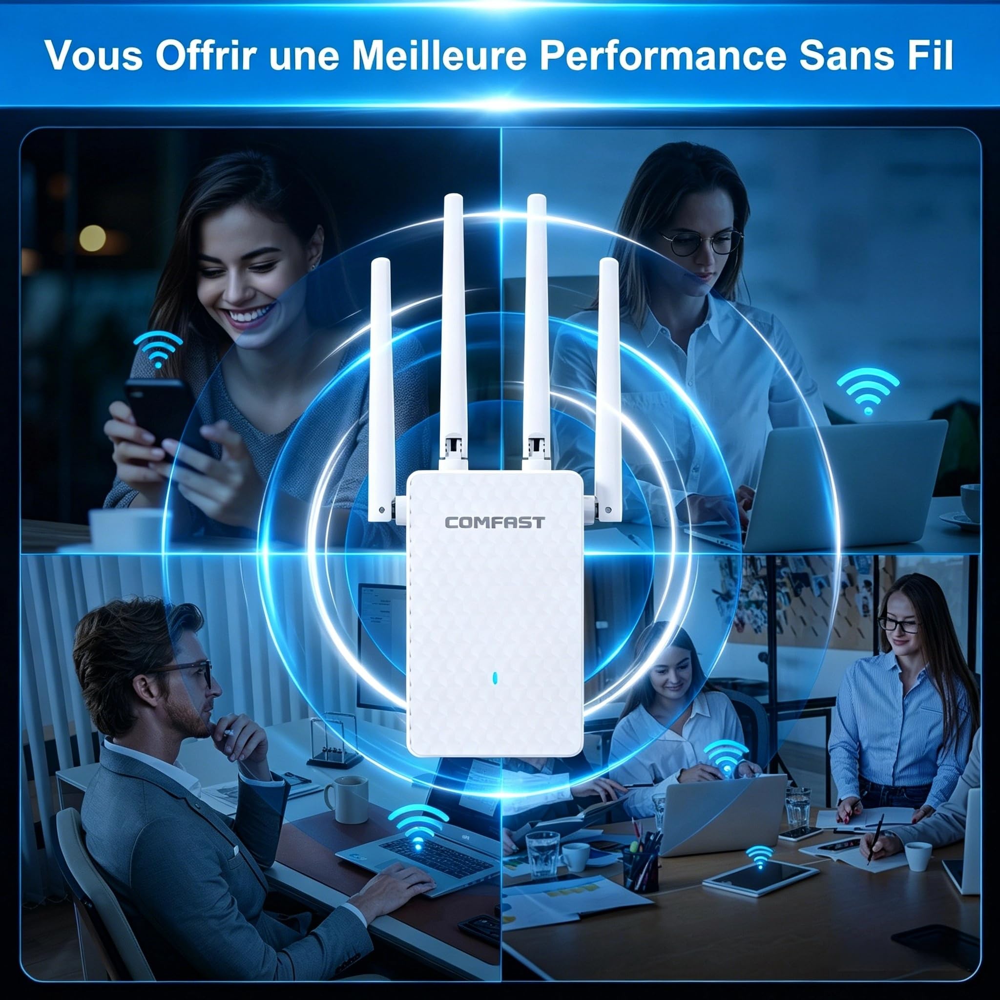 COMFAST Répéteur WiFi AC1200 Mbps, Amplificateur WiFi Puissant Double Bande avec 4 Antennes Haut Gain, Couverture 360°, Configuration WPS One-Touch, Port LAN, Compatible Toutes Les Box Internet