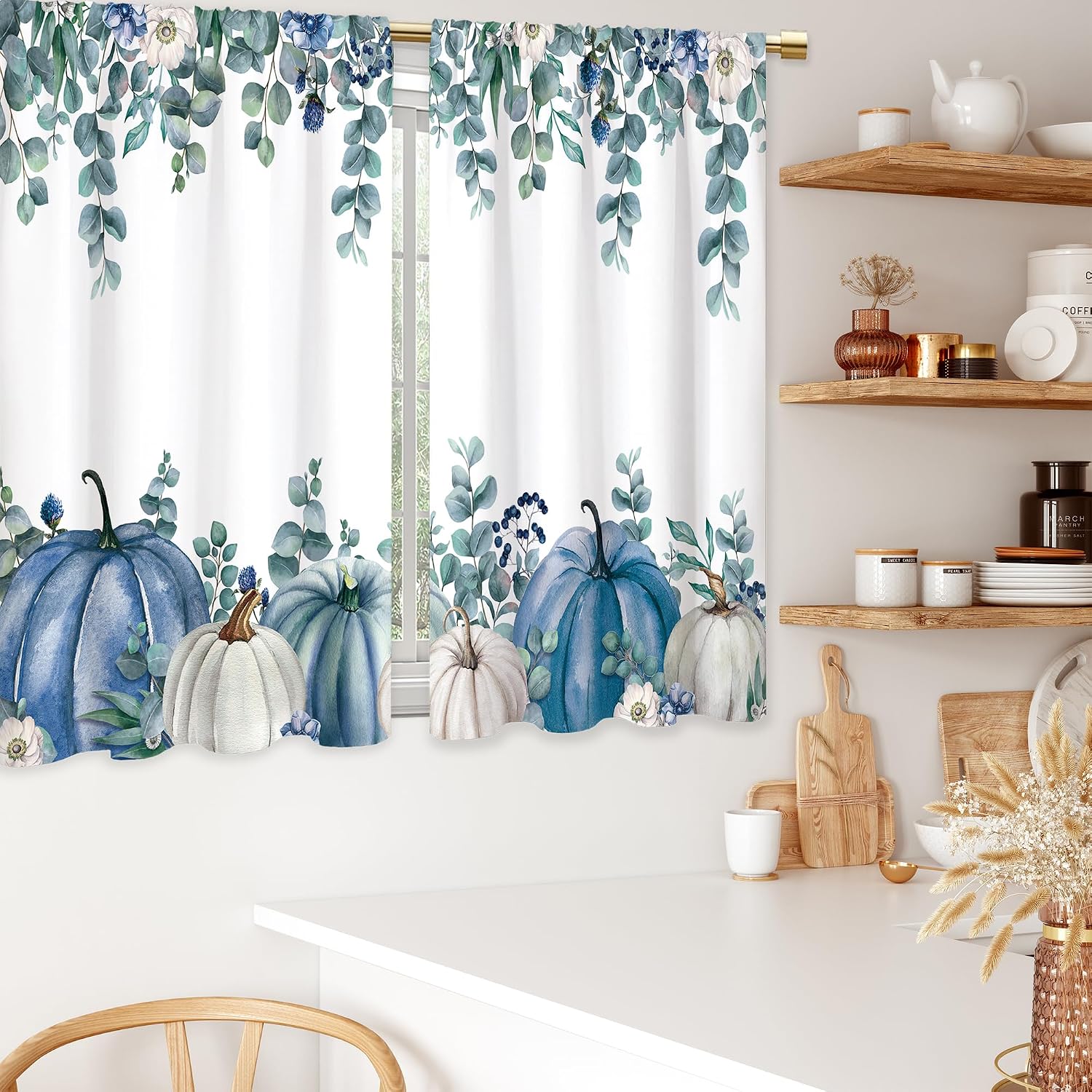 Blue White Pumpkins Fall Kitchen Curtains Thanksgiving Autumn Bathroom Curtains Window Treatment Drape Tier Eucalyptus Leaves Cafe Small Bedroom Short French Door Curtains 2 Panel 27.5x39 Inch