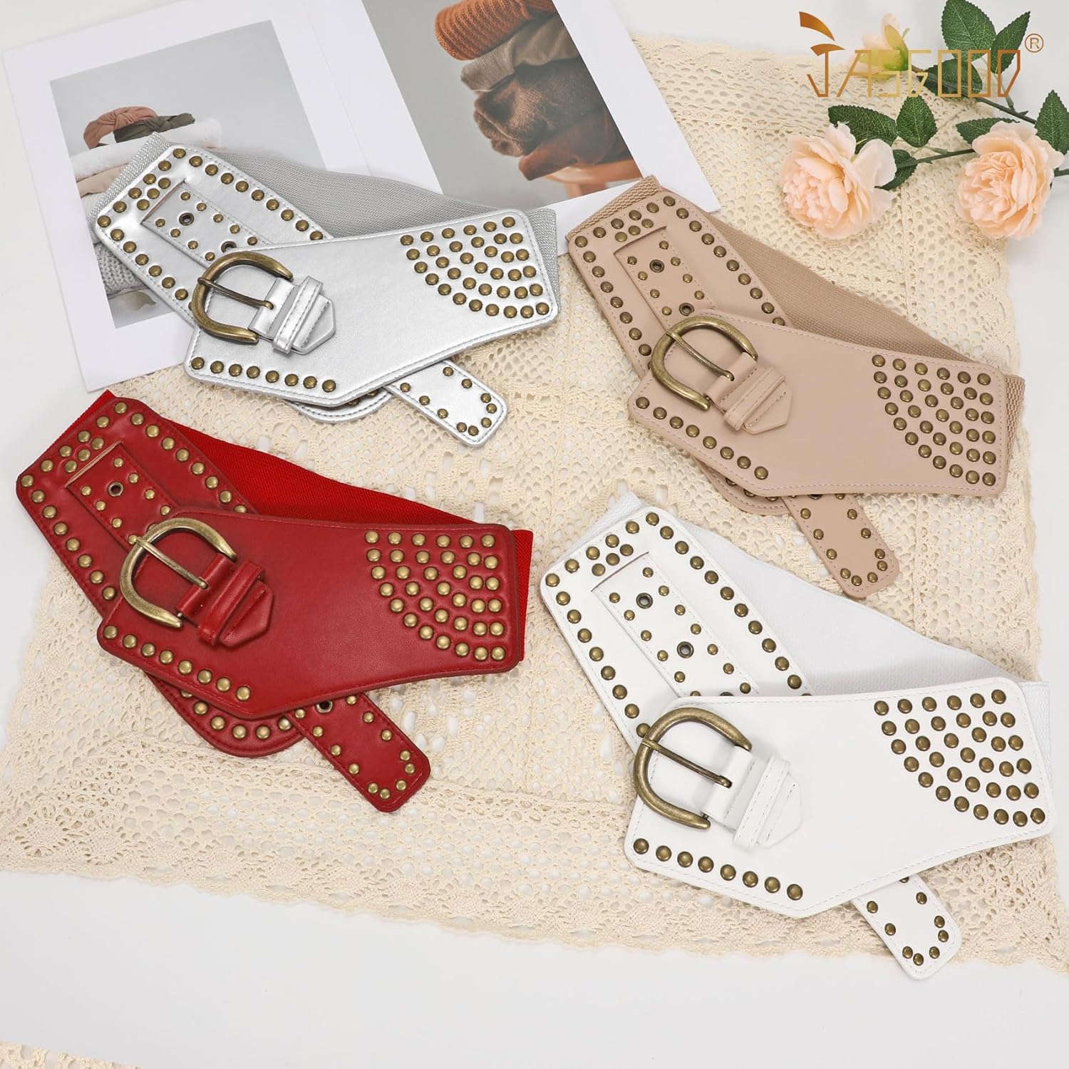 JASGOOD Women Vintage Wide Elastic Belt Studded Stretchy Waist Belt with Rivets Metal Buckle - Image 6