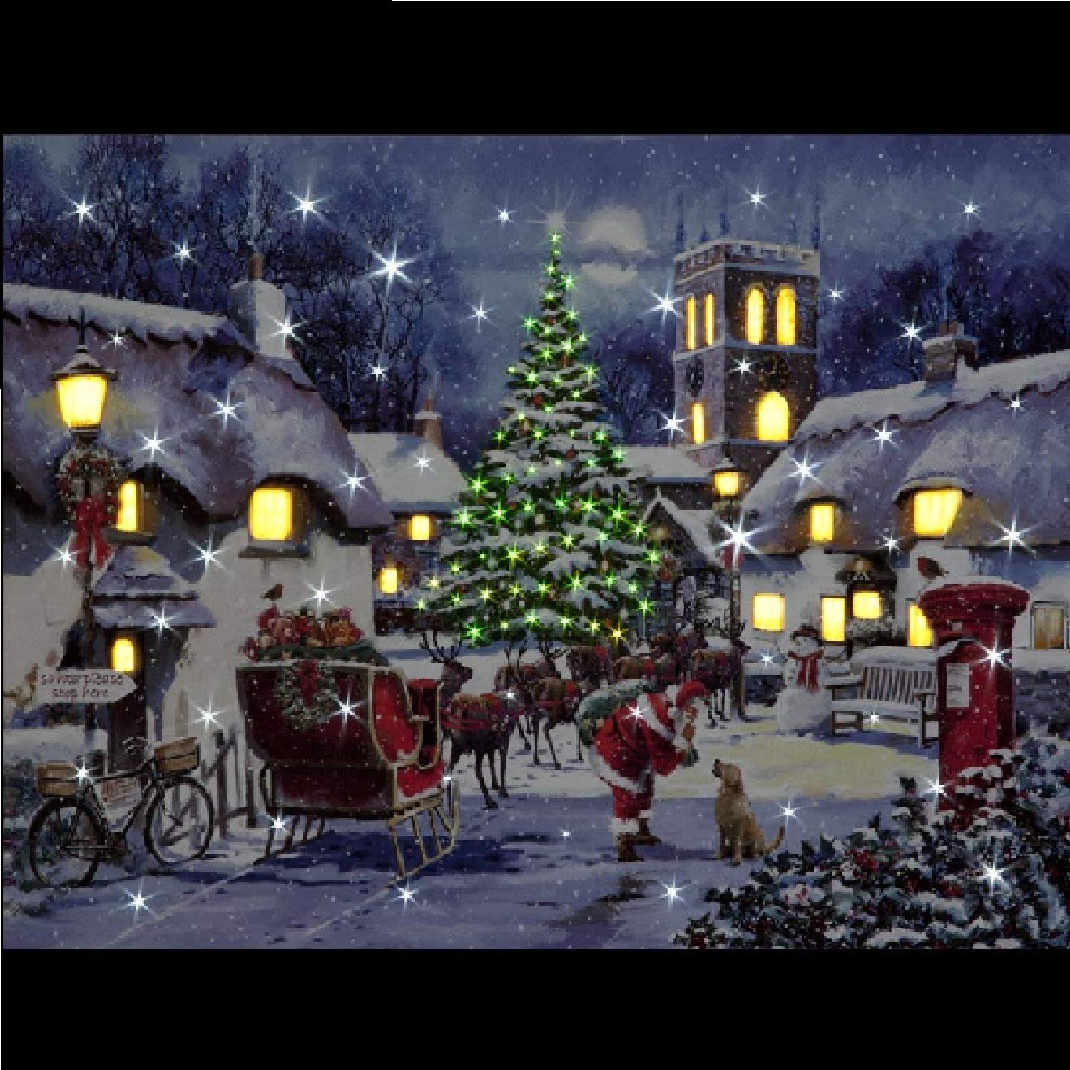 Snowtime Multi-Color Battery Operated Fibre Optic Led 40X30cm Santa & Village Canvas