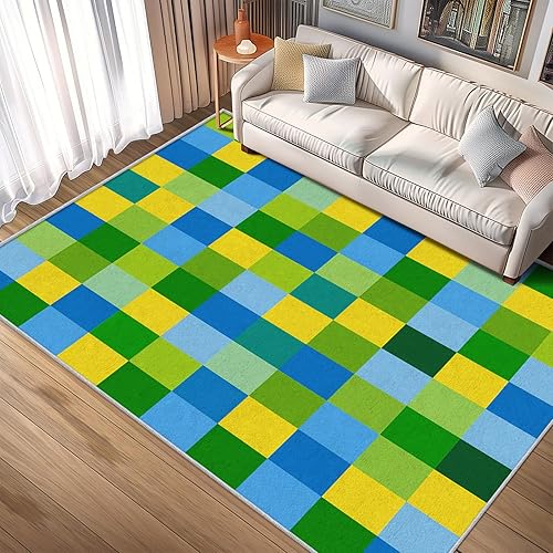 Miniatura 1 de Blue Plaid Rugs 5x8 Rug Retro 70s Style Checkered Area Rug Washable, Blue Plaid Carpet Home Room Decor Rugs for Living Room Bearoom Kitchen Dorm