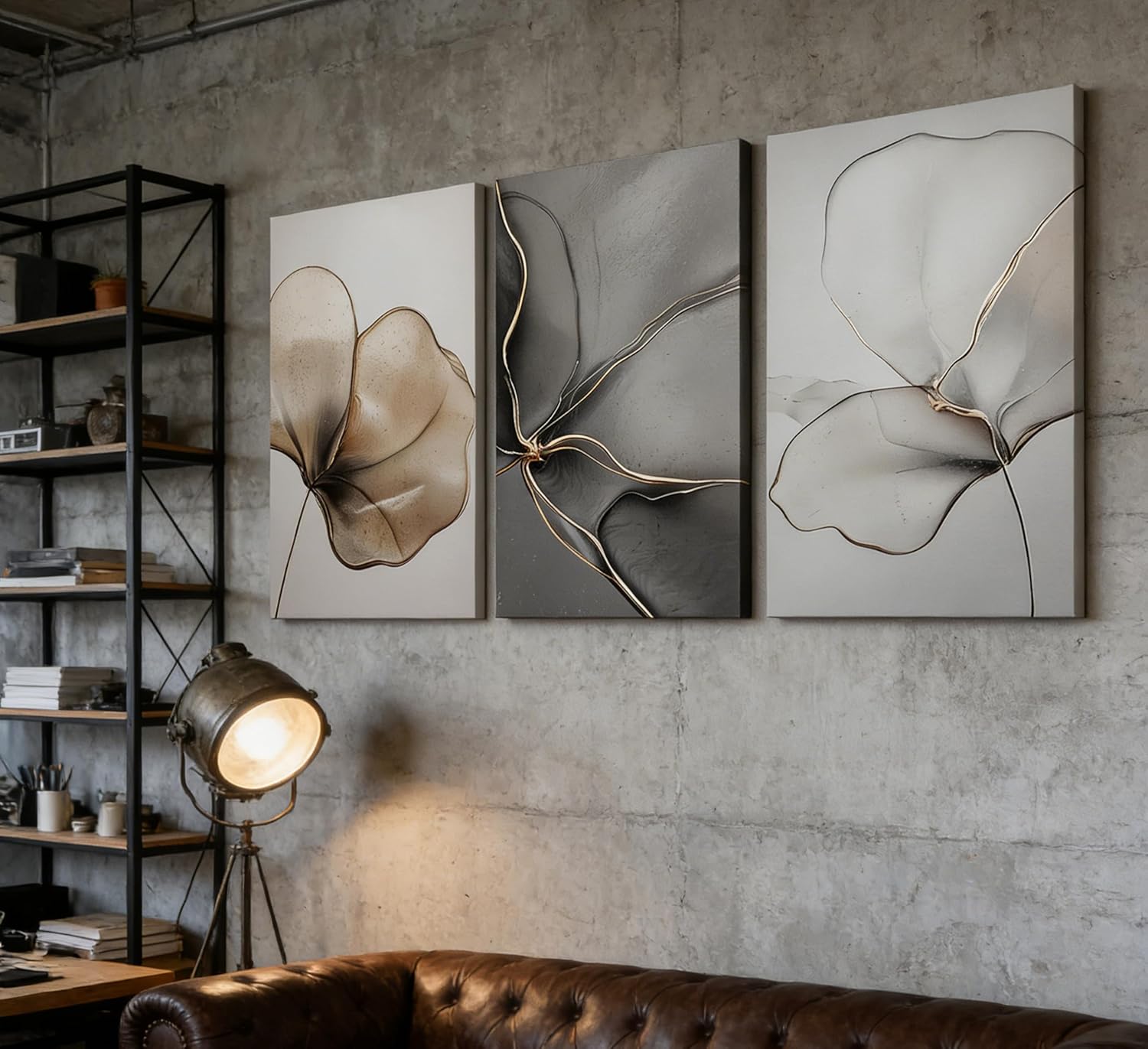 Abstract Floral Canvas Wall Art - Minimalist Gold Line Petal Picture Wall Decor - Modern Neutral Botanical Print Artwork for Living Room, Bedroom & Entryway Home Decoration 16x24in Beige Gray & Gold