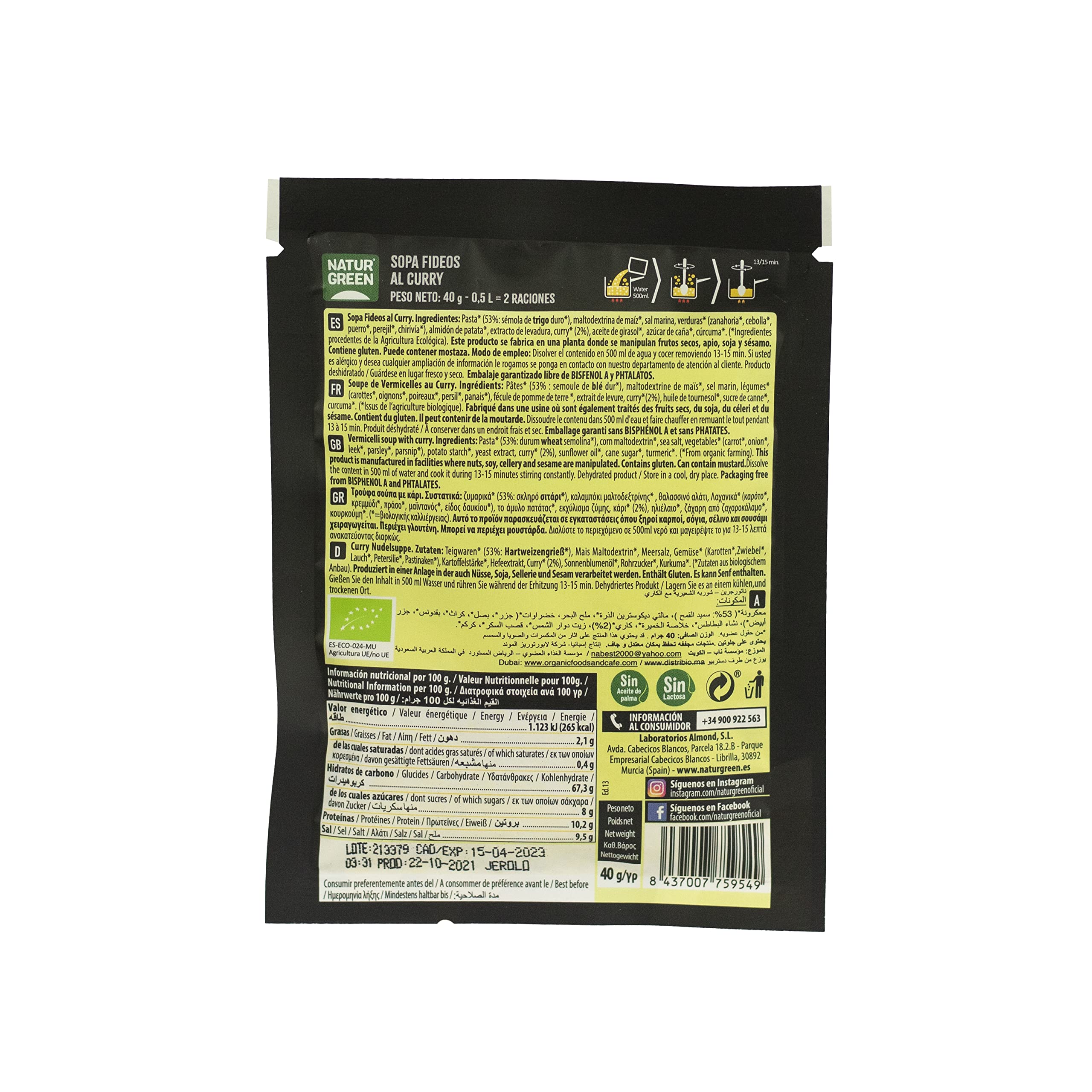 NaturGreen Sopa de Fideos al Curry Bio, Caldo Vegetal, 40 g