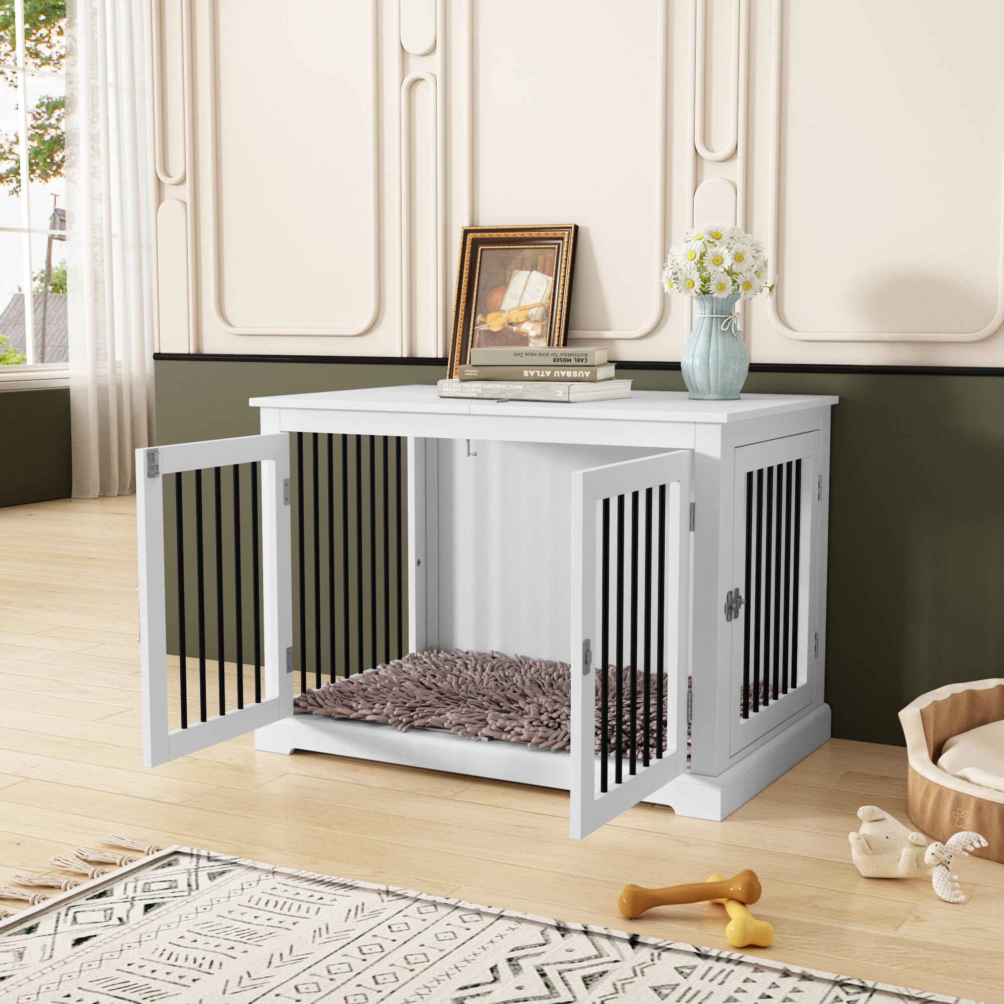 HOLTICO Mueble Jaula para Perros Grandes,Tapa Abatible,Tubos de Metal Antimordeduras,Doble Puerta,Incluye Cojín,Interiores,Mesa Auxiliar Salón,98x71.2x79cm,Blanco