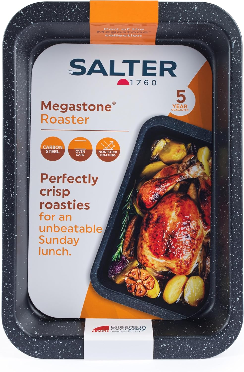 Salter BW07032EU7 Megastone 36 cm Roasting Tray – Non-Stick Rectangular Roasting Pan, Carbon Steel Roaster for Meat Joints & Vegetables, Deep-Edged Baking Tray, PFOA-Free Oven Dish, Easy Clean, Silver