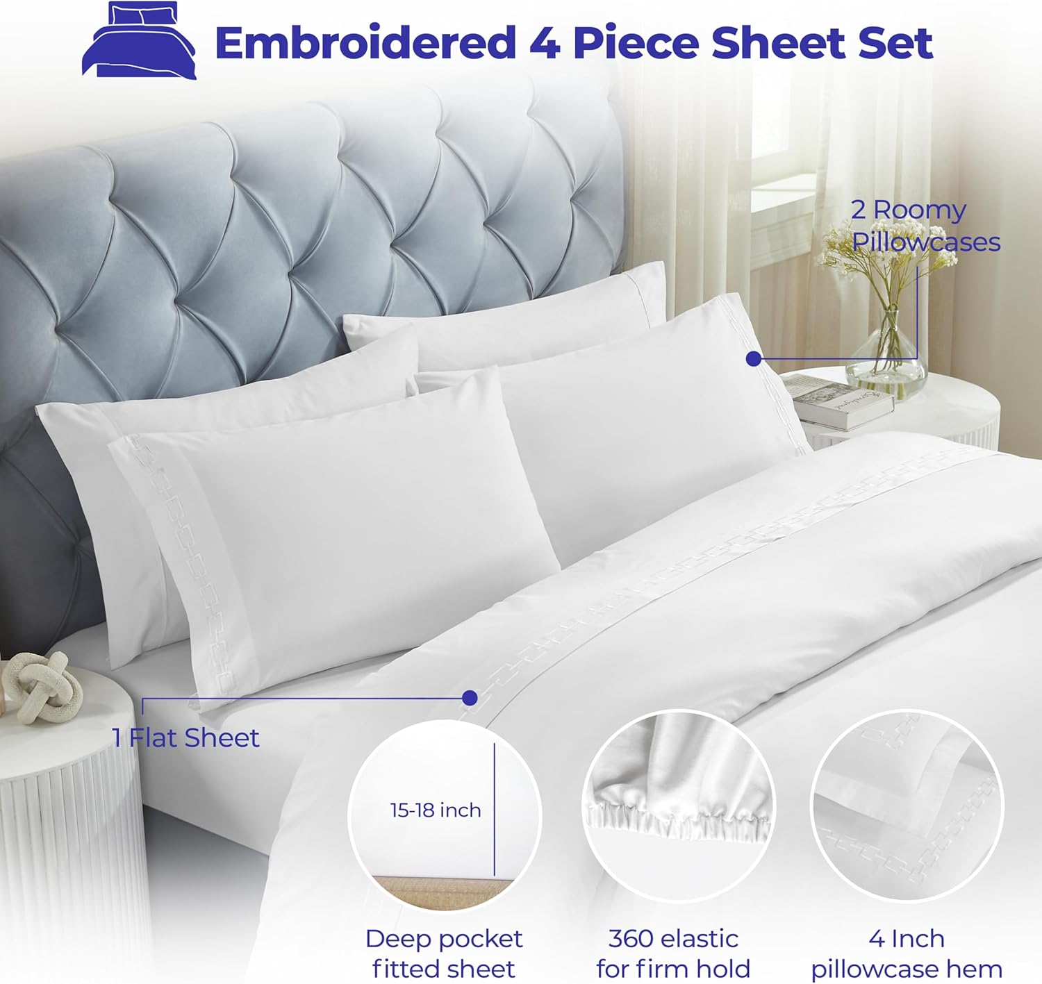 Superior Embroidered Cotton Bed Sheet Set, 1 Elastic Deep Pocket Fitted Sheet, 1 Flat Sheet, 2 Pillowcases, Daily Soft Sheets, Luxury, Unique Design, Chain Links Collection, King Size, White/White