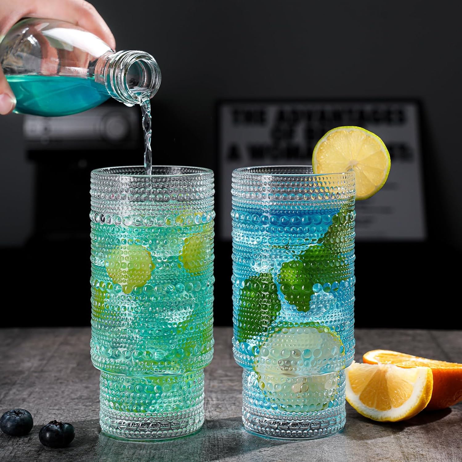 Drinking Glasses, 8 pcs Embossed Designed Glass Cups, 16oz Highball Glasses, Ripple Vintage Glassware, Ribbed Glasses, Striped Glasses, Iced Coffee Glasses for Cocktail, Whiskey, Juice - Image 4