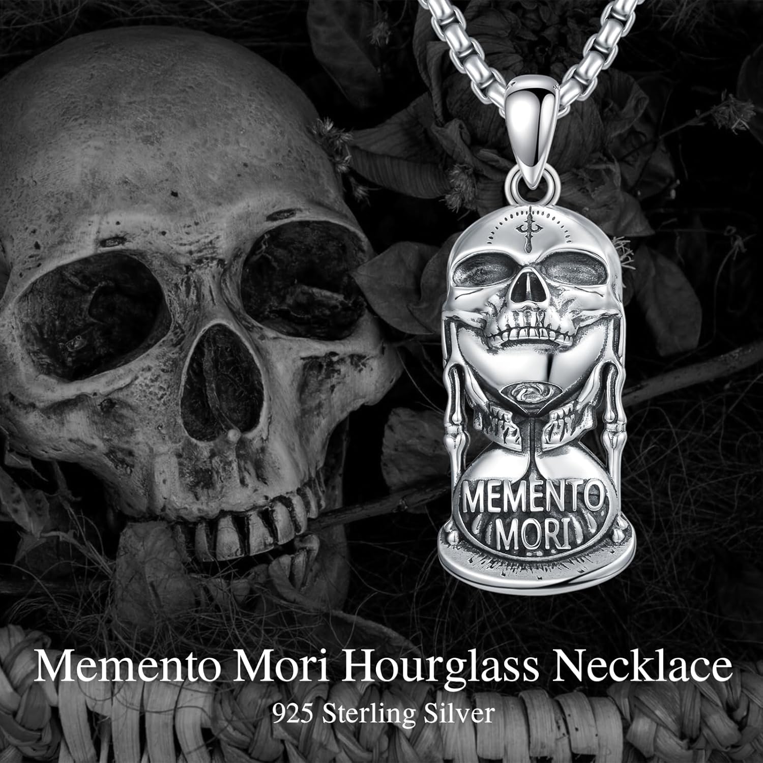 PELOVNY Memento Mori Necklace 925 Sterling Silver Skull Hourglass Necklace Stoic Skull Jewelry Stoicism Christmas Gifts for Men Women Unisex - Image 2