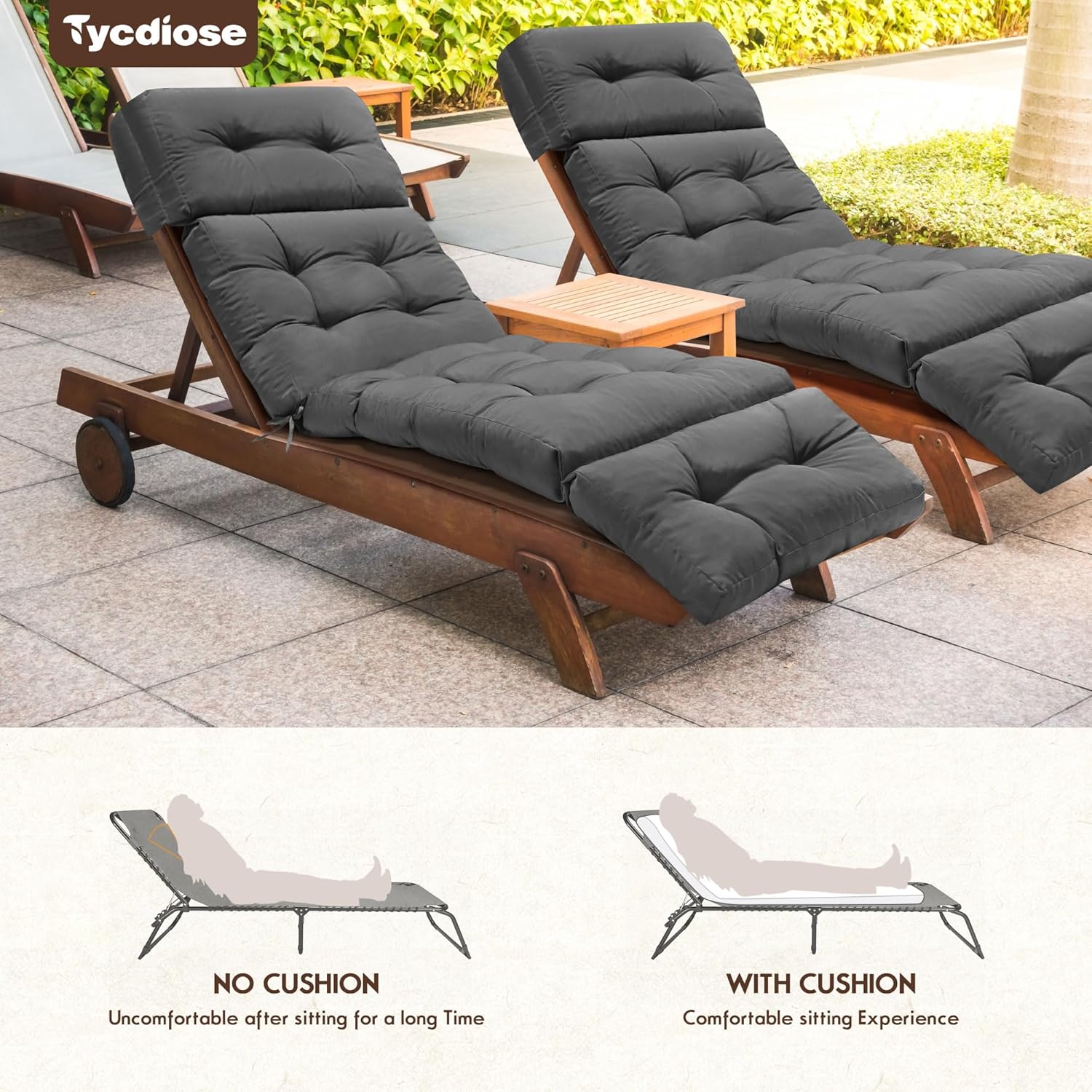 Outdoor Chaise Lounge Chair Cushion Waterproof 74.4 x 22 x 4.7 Inches Memory Foam Lounge Chair Cushions Replacement for Outdoor Furniture with Ties, Thickened Pool Lounge Chair Cushions, Grey