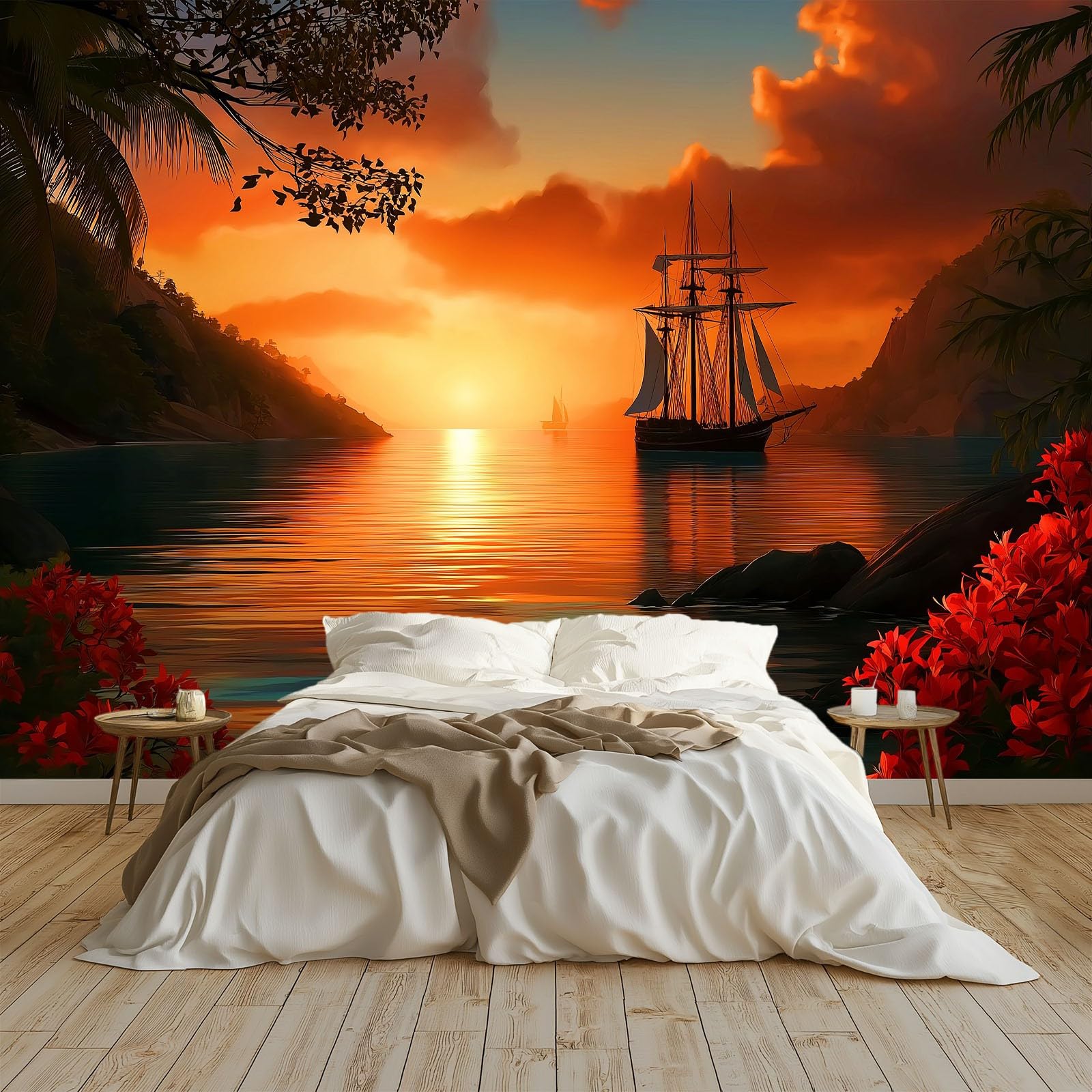 Fototapeta 400 x 280 cm, pomarańczowy plakat ścienny 3D z włókniny na ścianę telewizora do przedpokoju i salonu, dekoracja Vintage Impact Boat Sailor Surface
