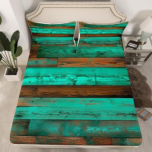 Sábana bajera ajustable con puerta de granero verde azulado, tamaño Queen, color turquesa, marrón, madera occidental, juego de ropa de cama estilo