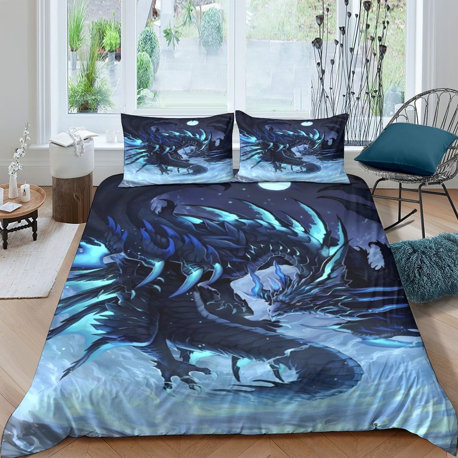 Ctjqhvkz Style-8 3D Printed Dark Dragon Fitted Sheet Microfiber Blue Fantasy Mattress Cover For Bedroom Dorm Protection Decorative Single（135X200cm）