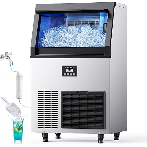Coolake Commercial Ice Maker Machine, 200Lbs/Day Under Counter Ice Maker with 55 Lbs Storage, Stainless Steel Freestanding Built-in Outdoor Ice Machine with Water Filter for Home Bar Cafe Garage