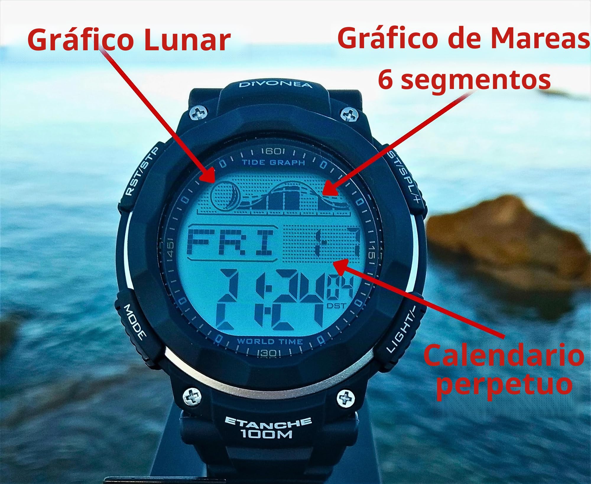 DiVONEA | Reloj Digital con Indicador de Marea y de Fase Lunar