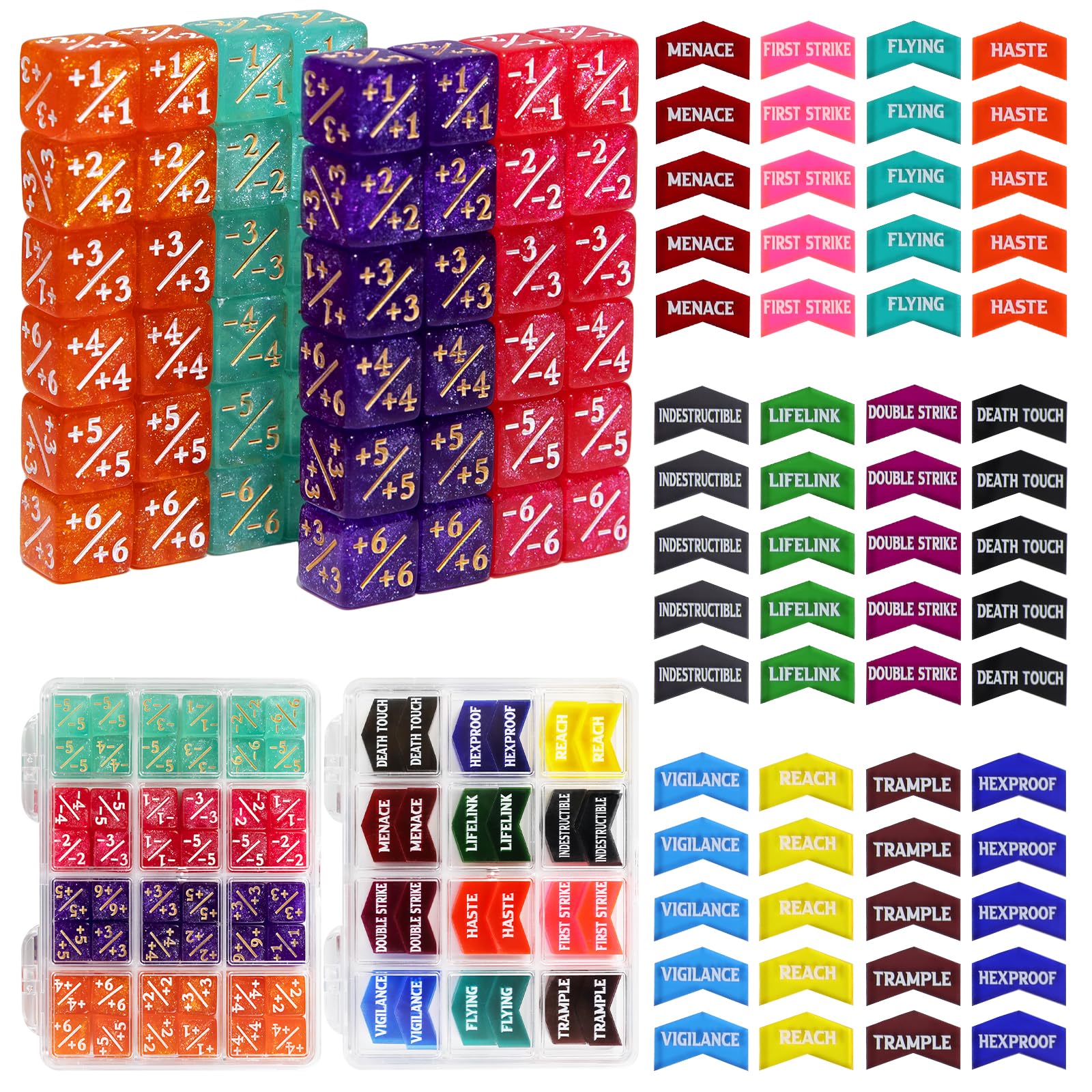 SIXPOINTS 108PCS 12mm MTG Counter Dice +1/+1 Tokens 6 Sided Dice & Keyword Counters Tokens Set for Magic the Gathering, TCG, Card Games Accessories