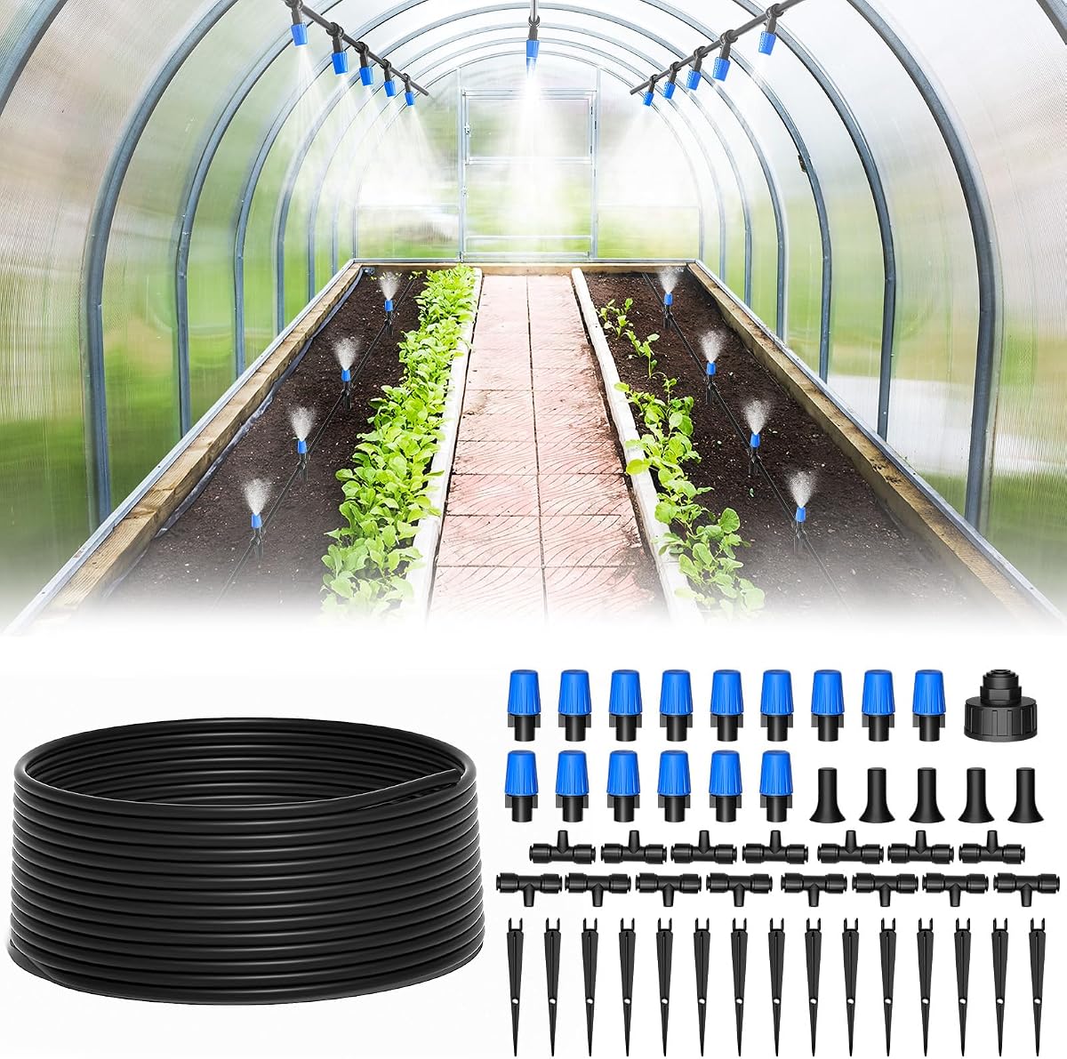 Sistema de riego por goteo de 65 pies, sistema de nebulización de conexión rápida, 15 boquillas | Se adapta a tubos de 1/4 de pulgada, camisetas de conector rápido, kit de riego por goteo automático con boquillas ajustables para jardín/césped/cama elevada