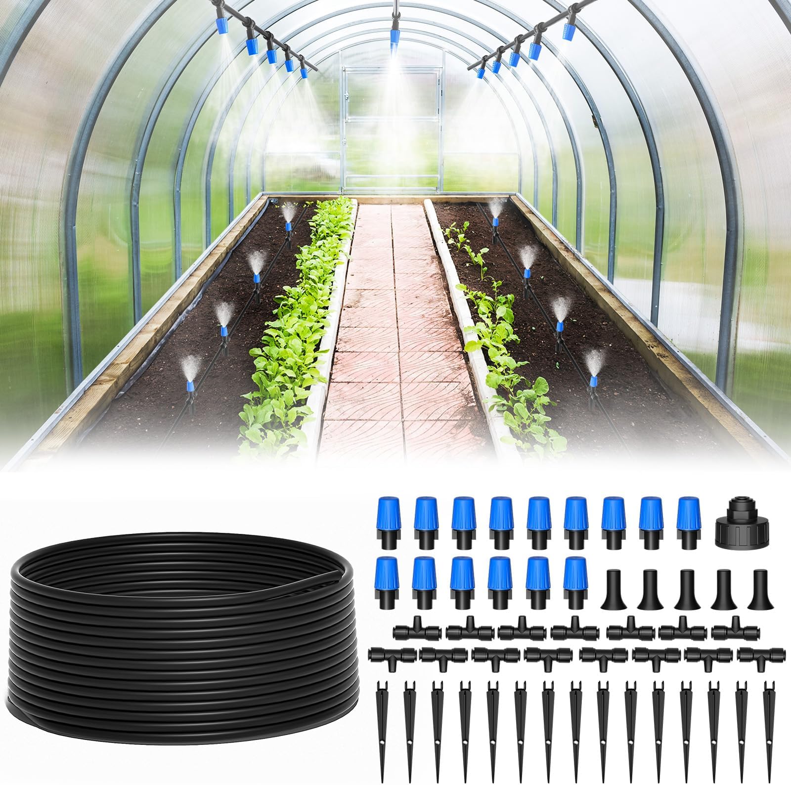 MIXC 65FT Quick-Connect Drip Irrigation System Kit, Automatic Garden Watering System with 1/4" Fast-Lock Tubing - Adjustable Nozzles for Garden, Greenhouse, Lawn, Potted Plants