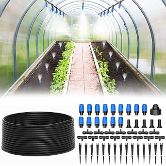 MIXC 65FT Greenhouse Watering System- Quick Efficient Connector Hanging Plant Watering System Automatic Mist Irrigation Kit with 1/4" Blank Tubing and Misting Nozzles