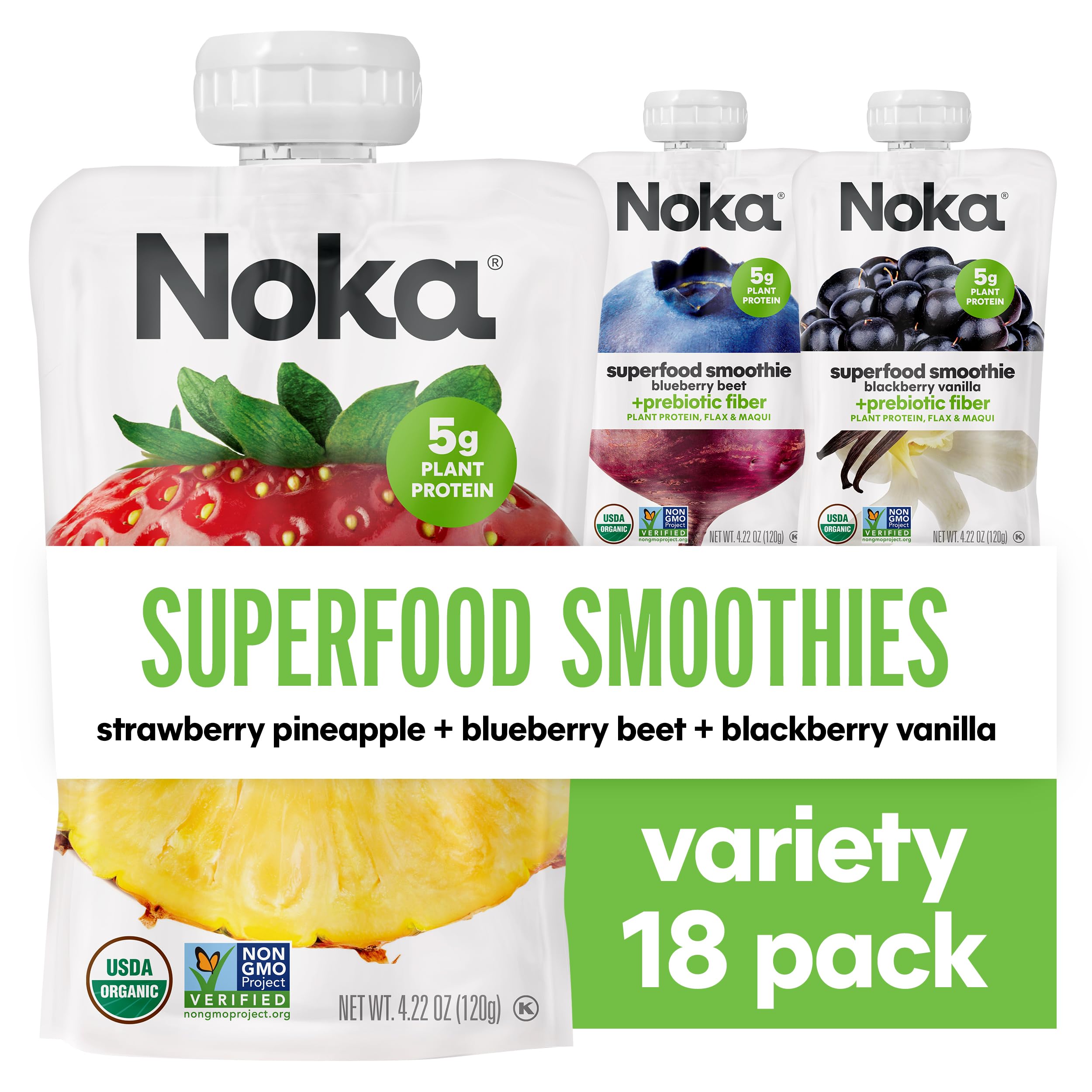 Noka Superfood Fruit Smoothie Pouches, Healthy Snacks Variety Pack, Includes Strawberry Pineapple, Blueberry Beet, Blackberry Vanilla, 6 Count Each Flavor