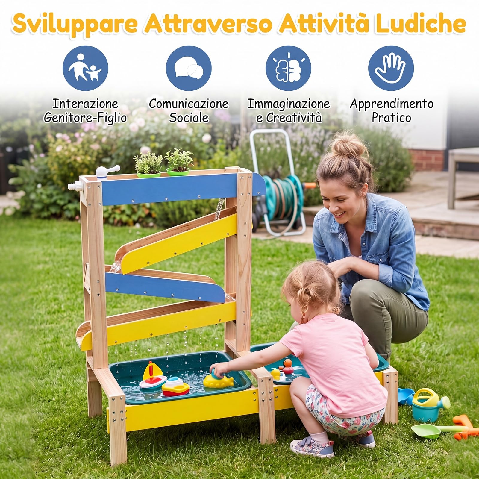 COSTWAY Tavolo Sabbia e Acqua in Legno, per Bambini 3+ Anni | Tavolo Gioco Acqua con 2 Vasche per l'Acqua, 2 Vasi per Piante, Barchette, Rubinetto e Sottomarino Giocattolo, 92x35x79,5 cm