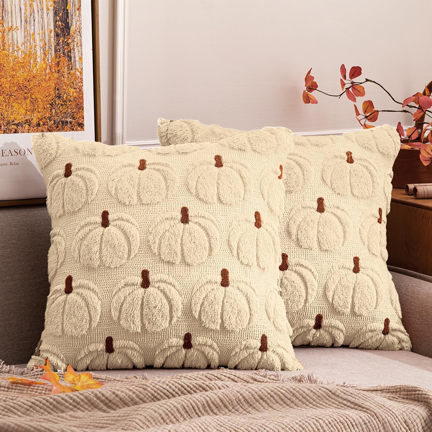 MIULEE Fall Pumpkin Throw Pillow Covers Decor Set of 2 Beige Brown Stem 18 x 18 Decorative Cushion Covers Soft Plush Faux Fur Couch Pillows for Autumn Harvest Outdoor Porch Farmhouse Halloween Home 18" x 18" (Pack of 2) Beige Brown Stem