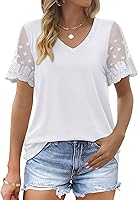 OFEFAN Women's V-Neck Lace Short Sleeve T-Shirt Loose Fit Curved Hem Casual Summer Top