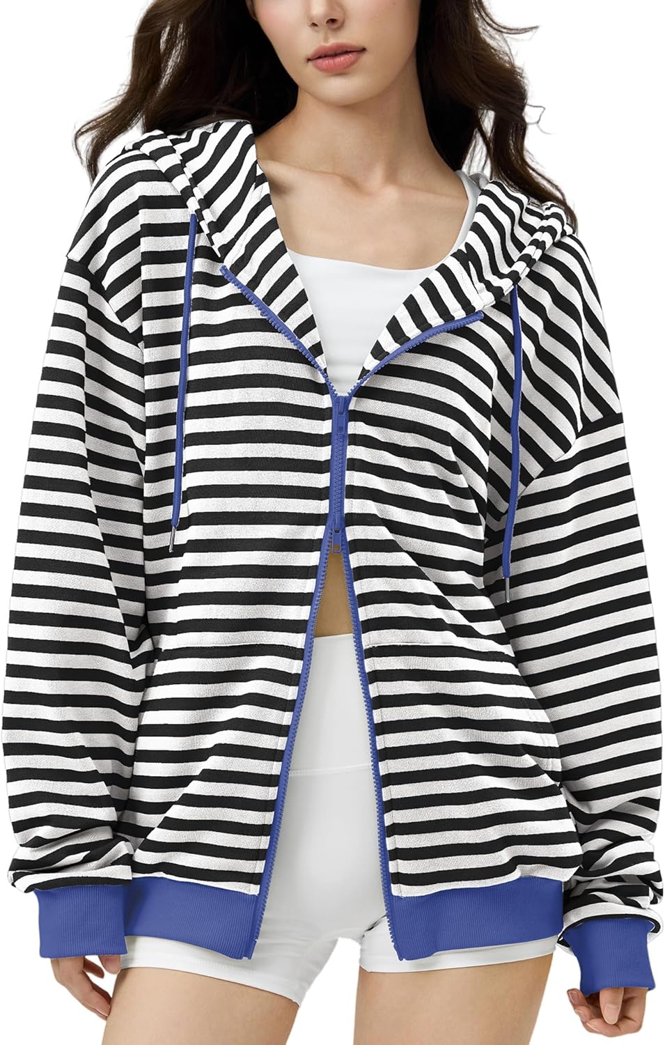 FAIABLE Striped Zip Up Hoodie Women Oversized Sweatshirt Hoodies Zipper Sweaters Pullover Cotton Vintage Preppy Shirt Outfits - Image 2