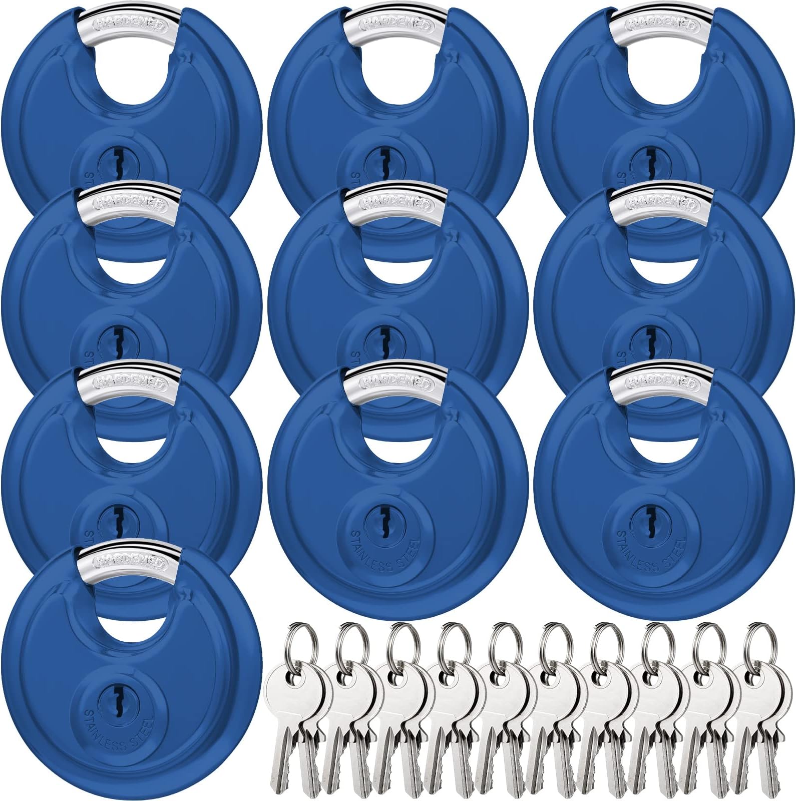 Shimeyao 10 Pcs Disc Padlocks Keyed Alike, 2-3/4 Inch Wide, Stainless Steel Round Storage Unit Lock with Same Key, Heavy Duty Waterproof & Rustproof Storage Lock for Sheds, Garages(Blue)